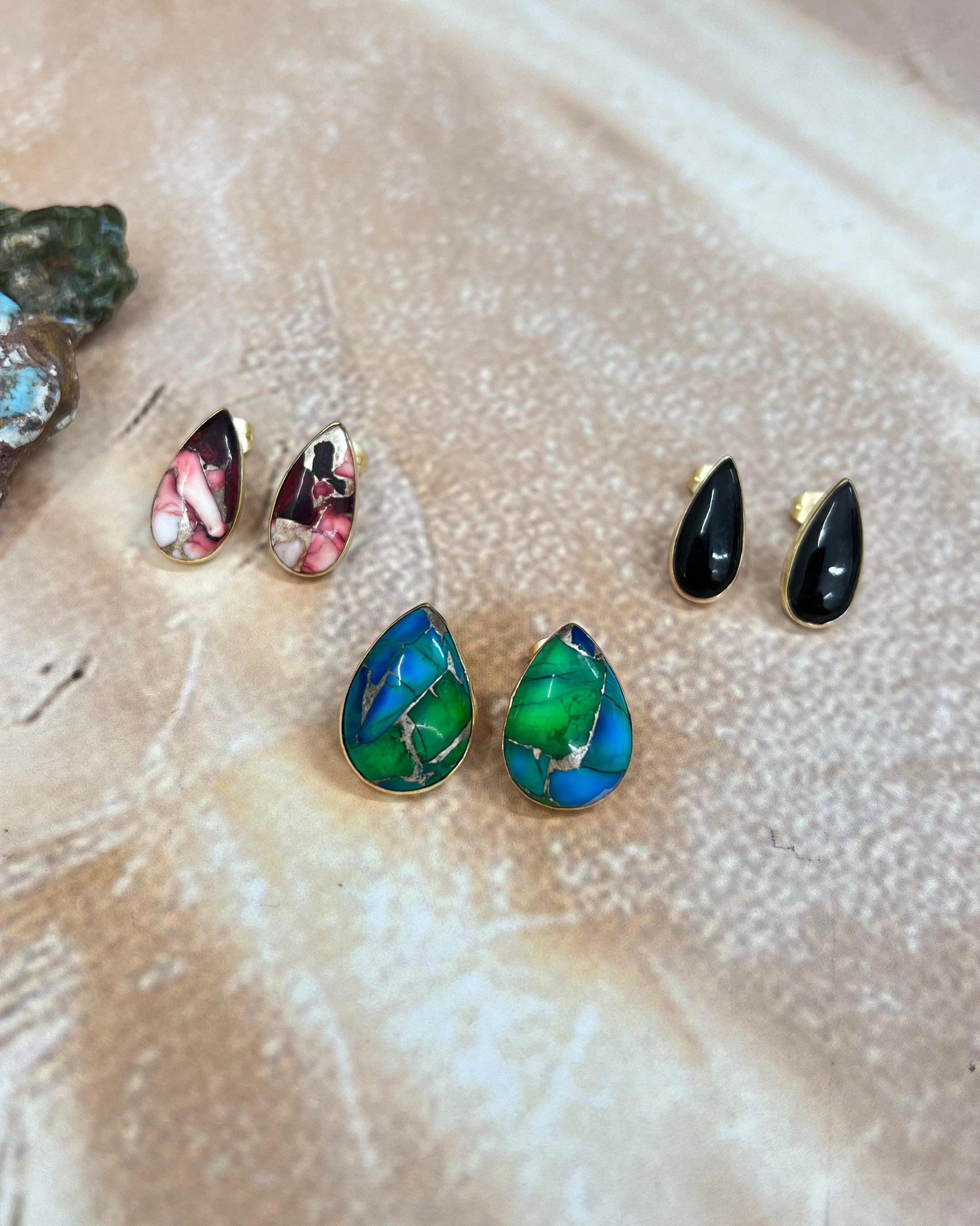 “The Golden Collection” Handmade Natural Black Onyx, Dahlia Rose, Peacock Dahlia Post Earrings