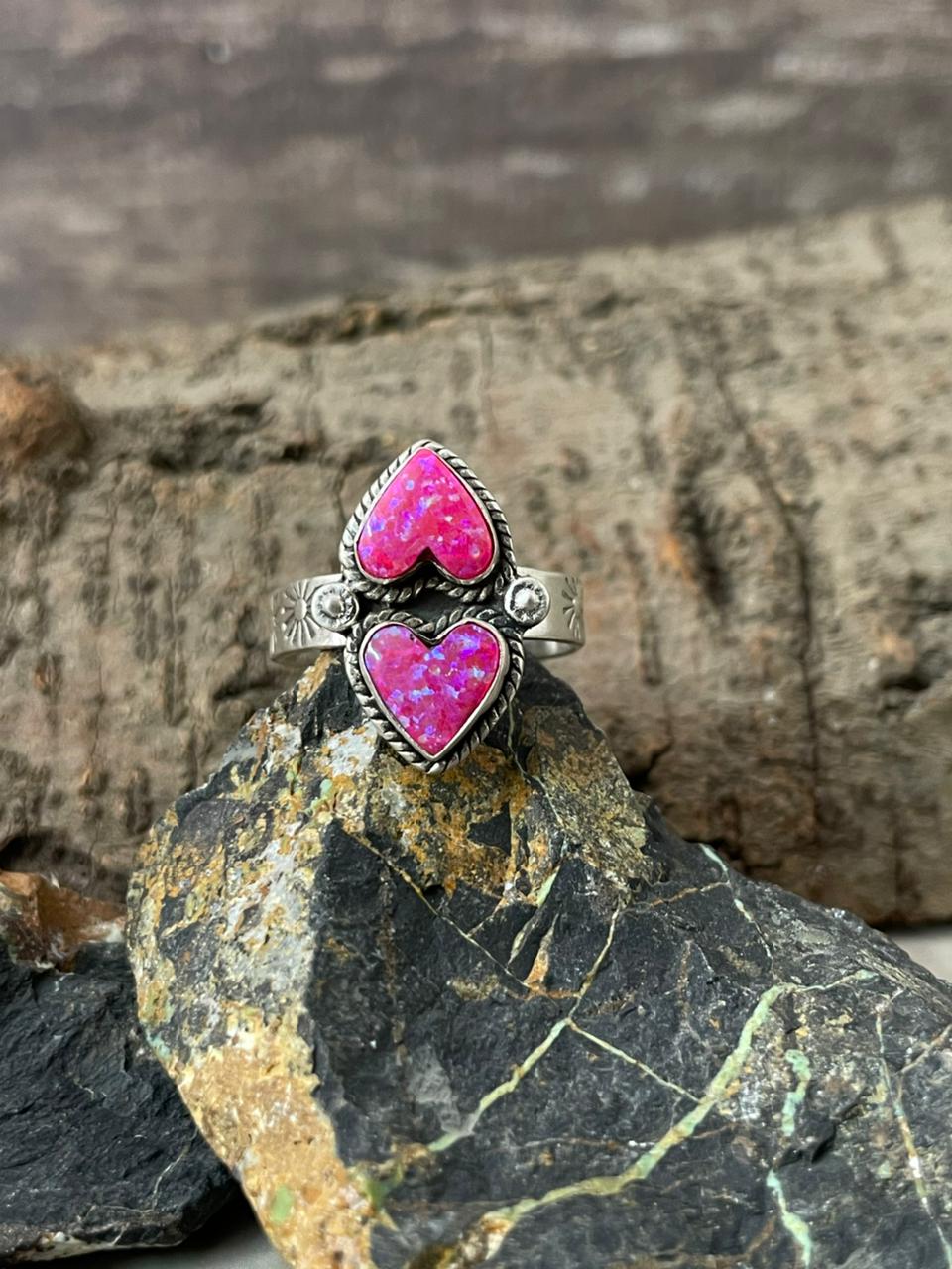 "Heart Collection" Handmade Sterling Silver Hot Pink Adjustable Ring "Signed Nizhoni"