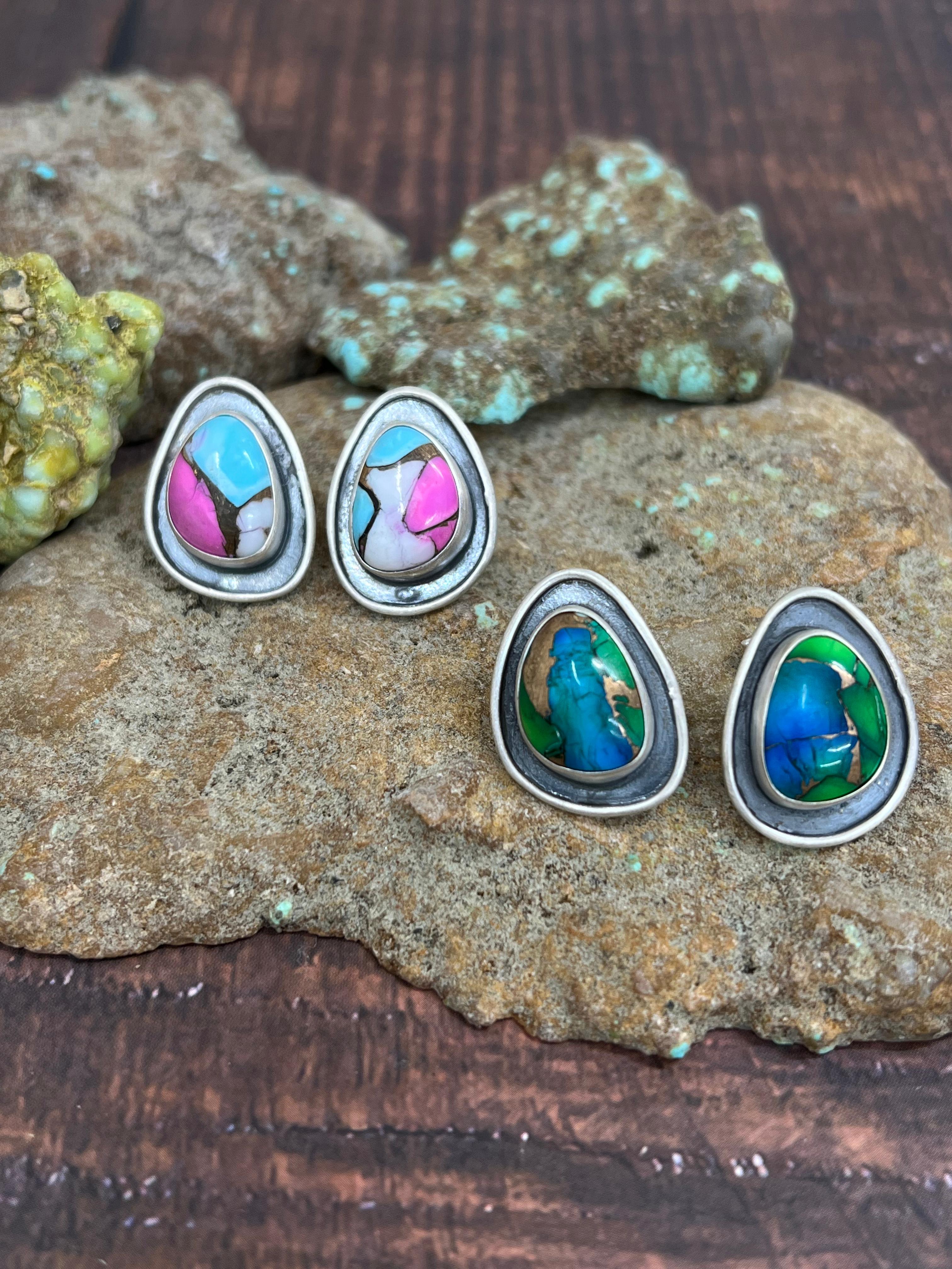 Handmade Sterling Silver Cotton Candy Turquoise, Peacock Dahlia Post Earrings, Signed Nizhoni