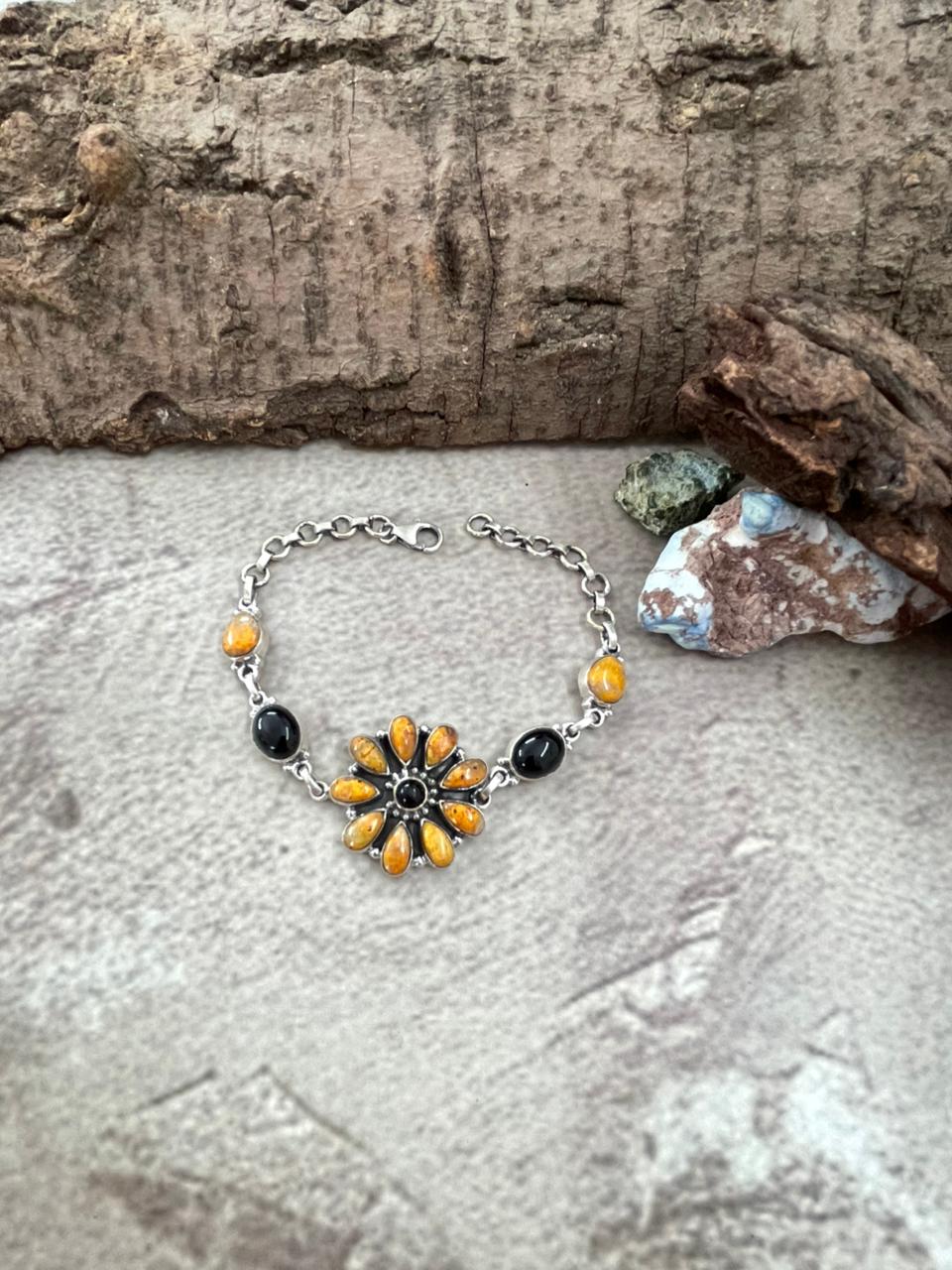 "Halloween Collection" Handmade Sterling Silver Black Onyx, Bumblebee Chain Bracelet with Signed Nizhoni