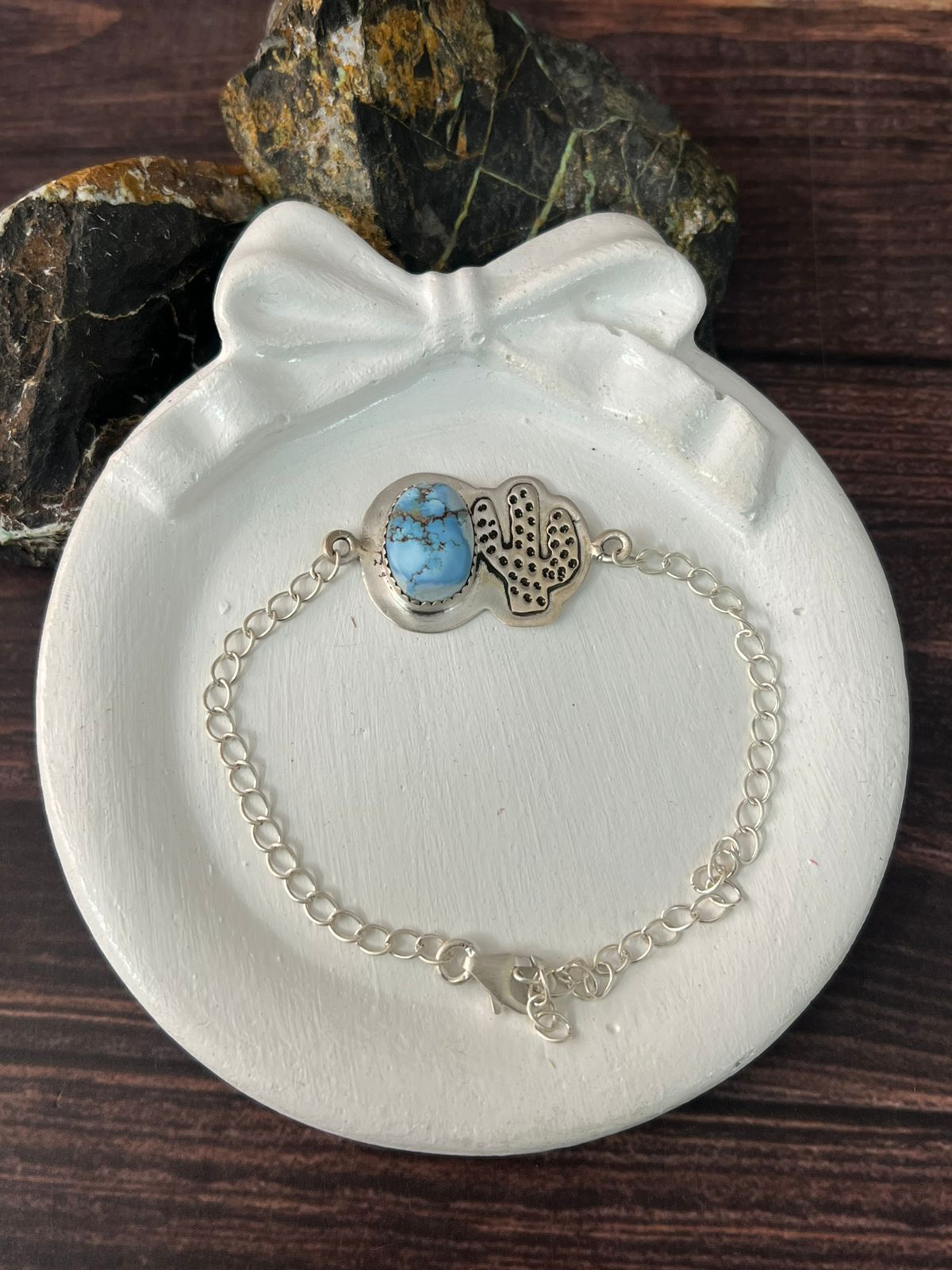 Handmade Sterling Silver Golden Hills Turquoise Chain Bracelet "Signed Nizhoni"