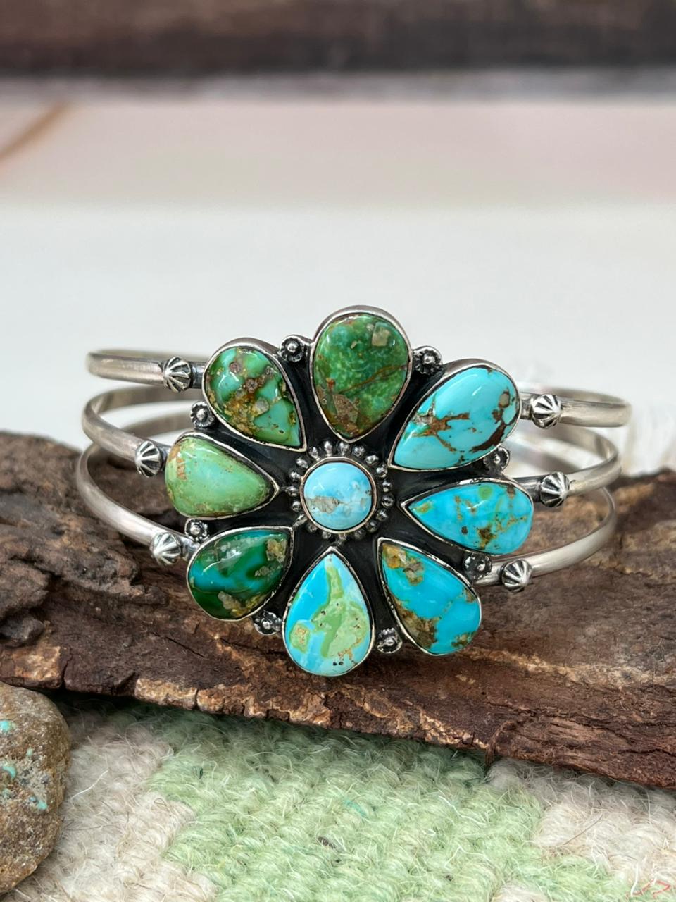 Handmade Sterling Silver Sonoran Mountain with White Water Turquoise Cuff Bracelet "Signed Nizhoni"