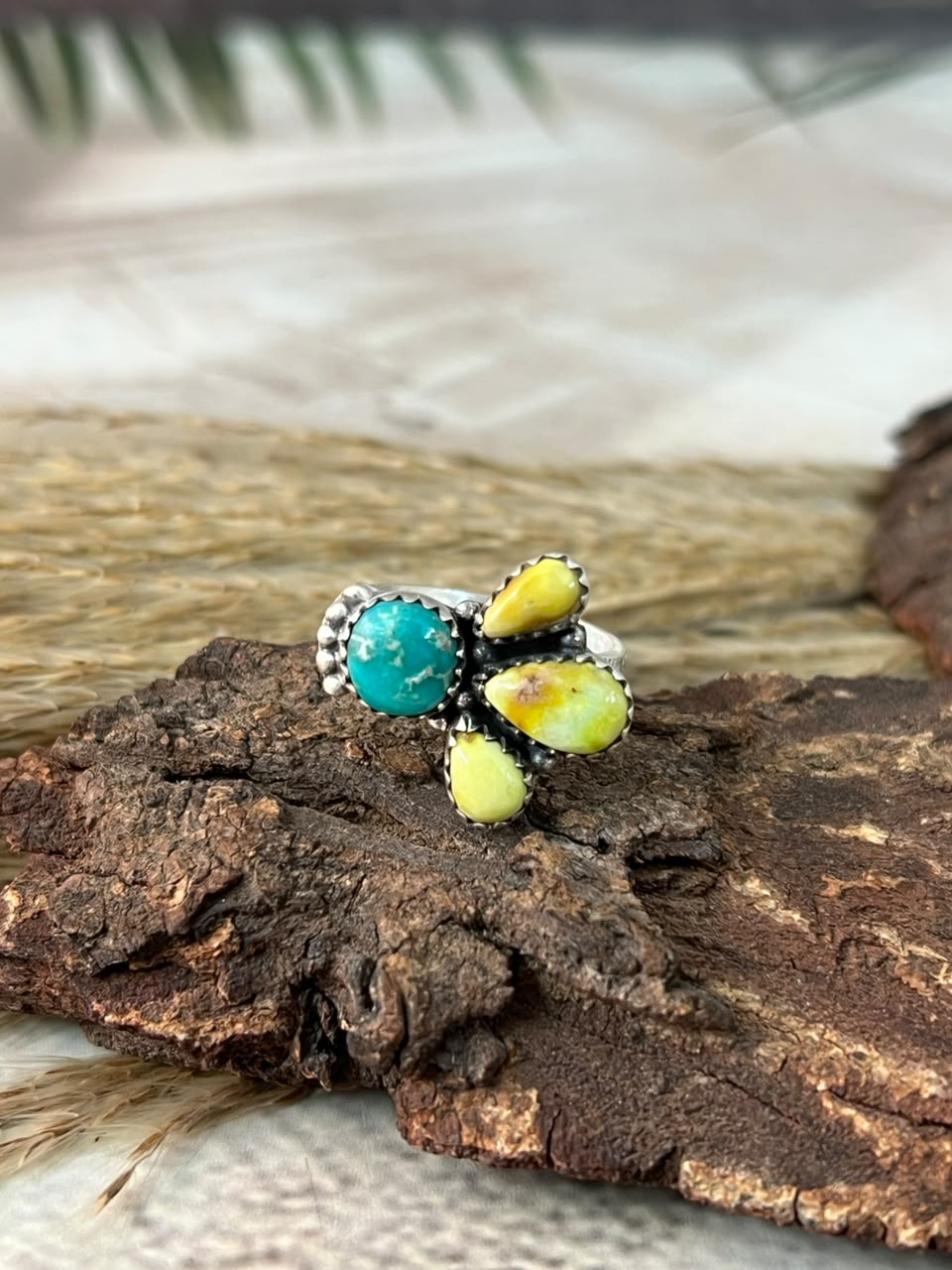 Handmade Sterling Silver White Water with Palomino Turquoise Adjustable Ring Signed Nizhoni (1)