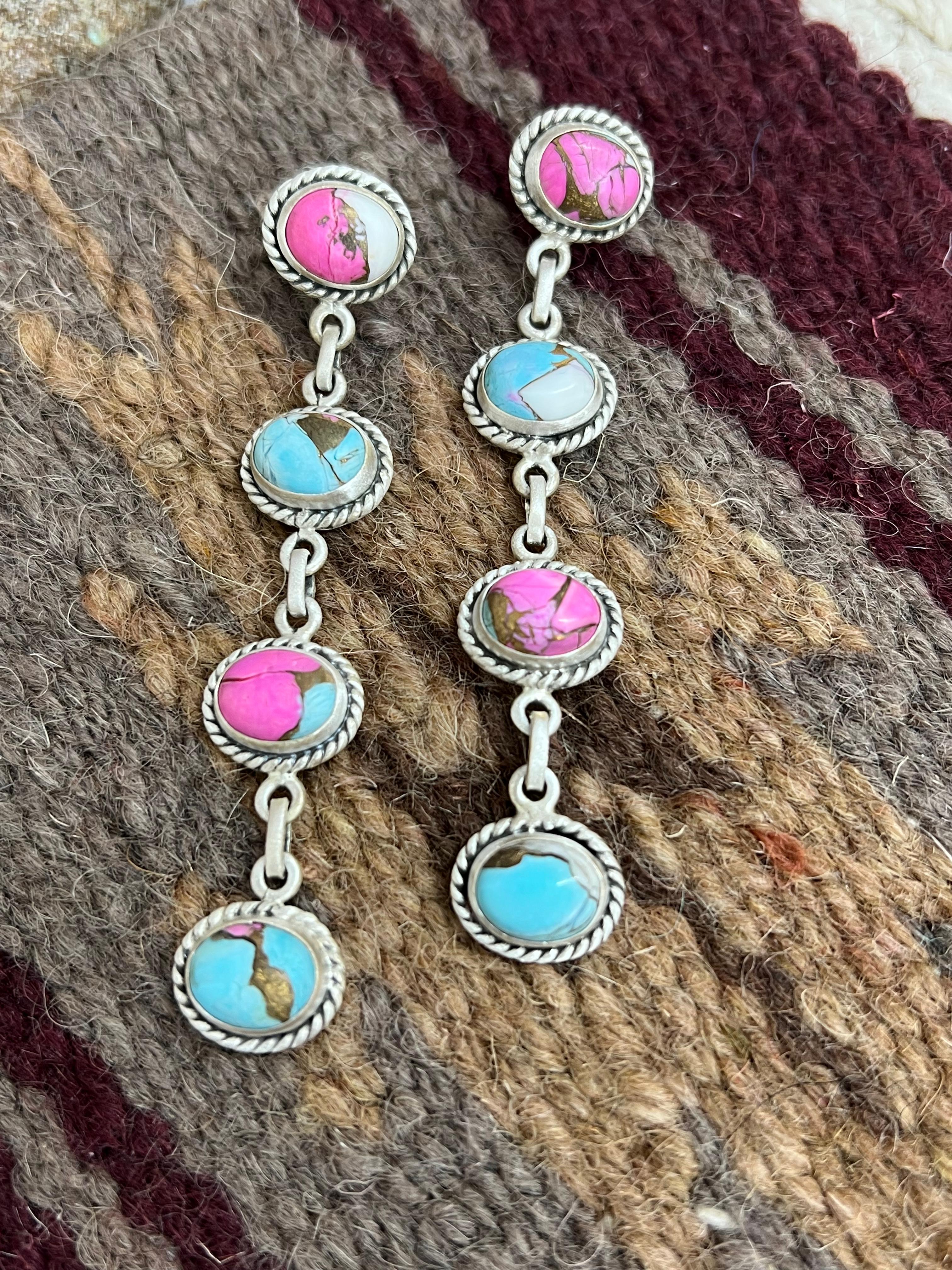 Handmade Sterling Silver Cotton Candy Turquoise Post Dangle Earrings with Signed Nizhoni