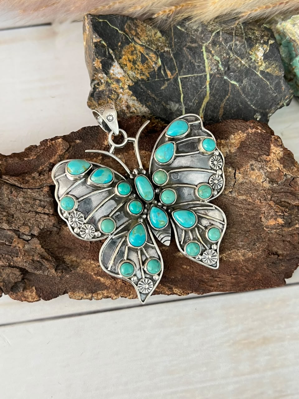 Handmade Sterling Silver Kingman Turquoise Butterfly Pendant Signed Nizhoni
