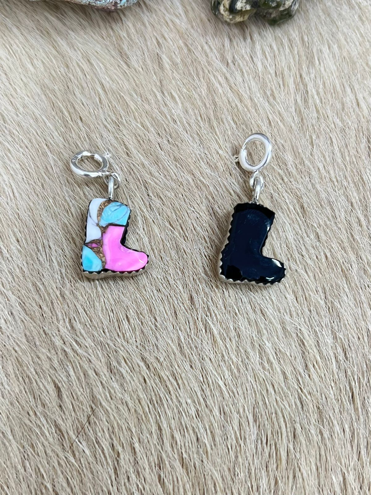 Handmade Sterling Silver Black Onyx, Cotton Candy Charms with Signed Nizhoni