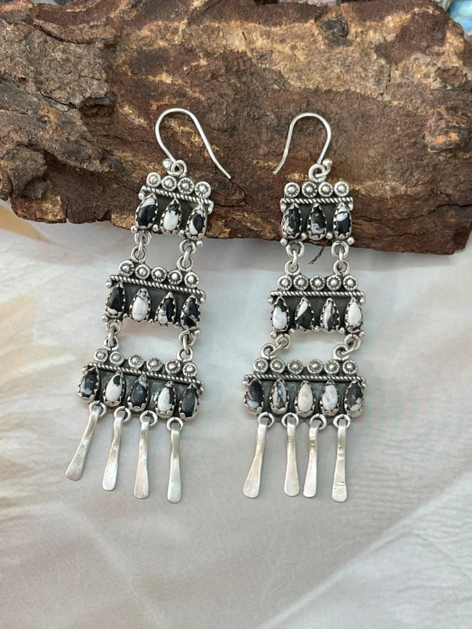 Handmade Sterling Silver White Buffalo Hook Dangle Earrings "Signed Nizhoni"