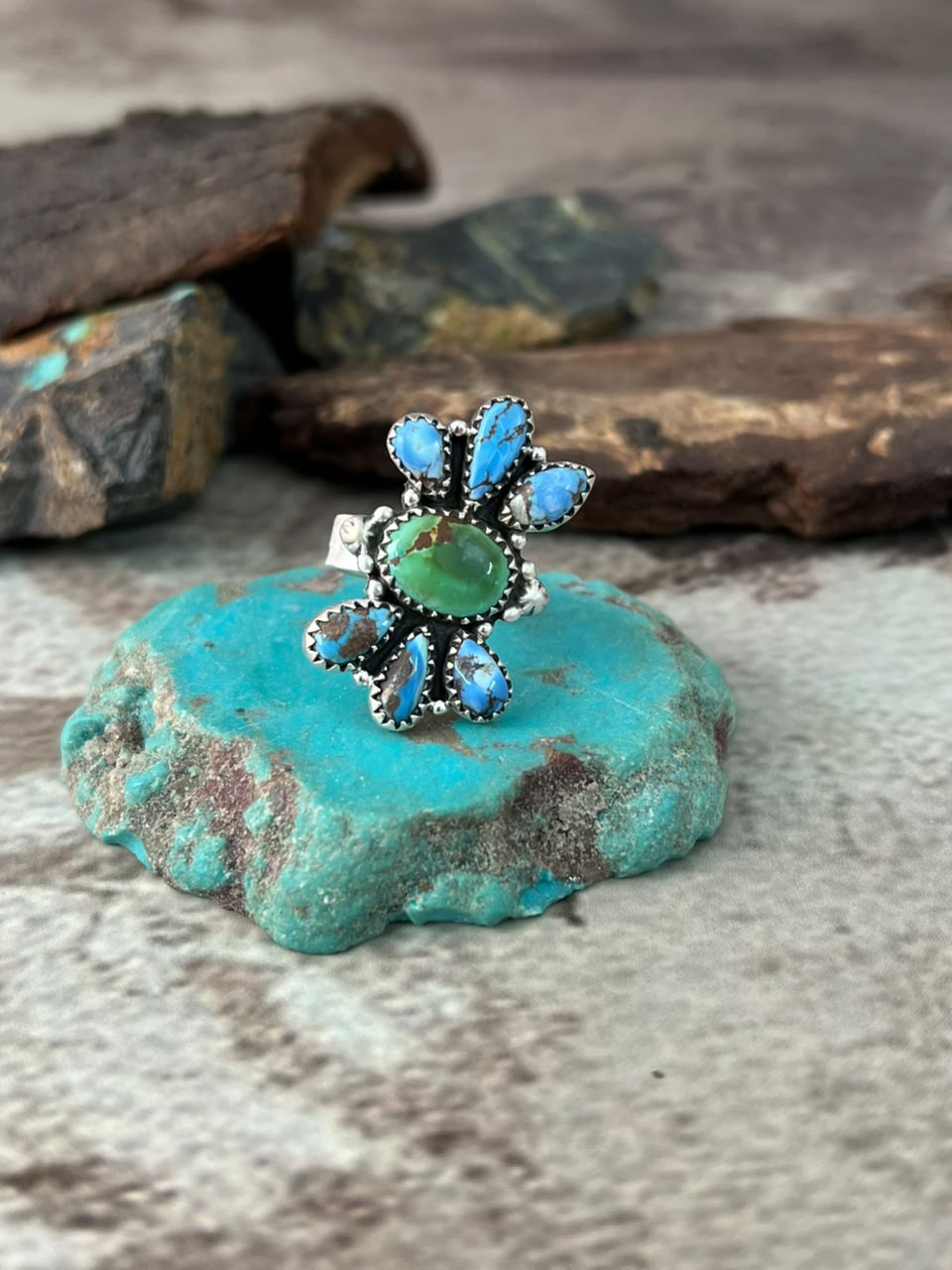Handmade Sterling Silver Sonoran Mountain with Golden Hills Turquoise Adjustable Ring Signed Nizhoni