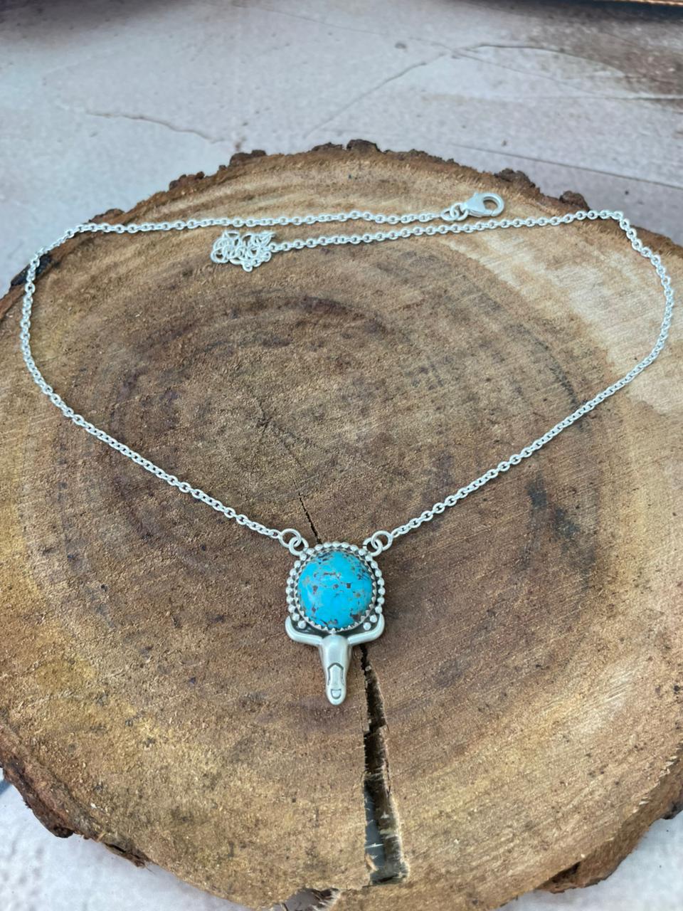 Handmade Sterling Silver Arizona Turquoise Bull Necklace "Signed Nizhoni"
