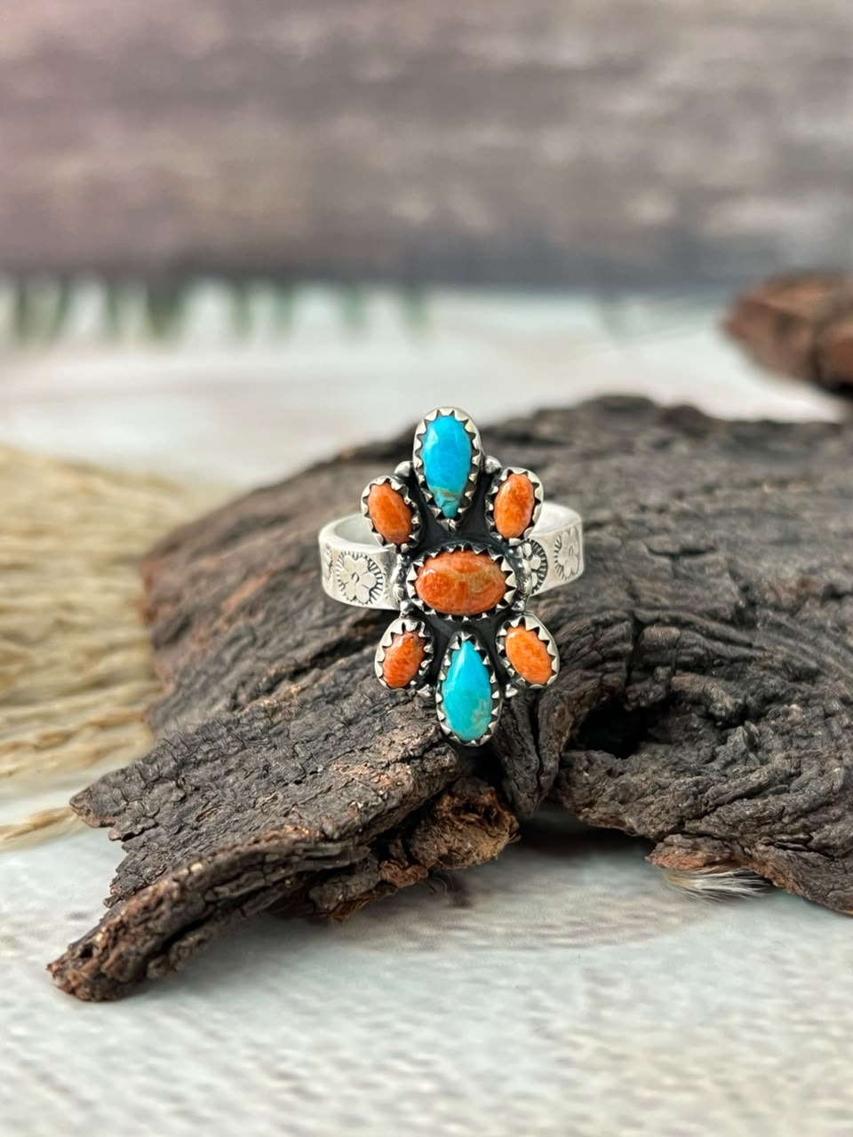 Handmade Sterling Silver Orange Mojave with Kingman Turquoise Adjustable Ring Signed Nizhoni