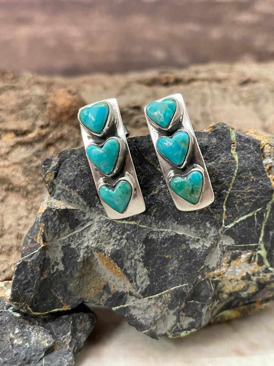 "Heart Collection" Handmade Sterling Silver Kingman Turquoise Post Studs Earrings "Signed Nizhoni"