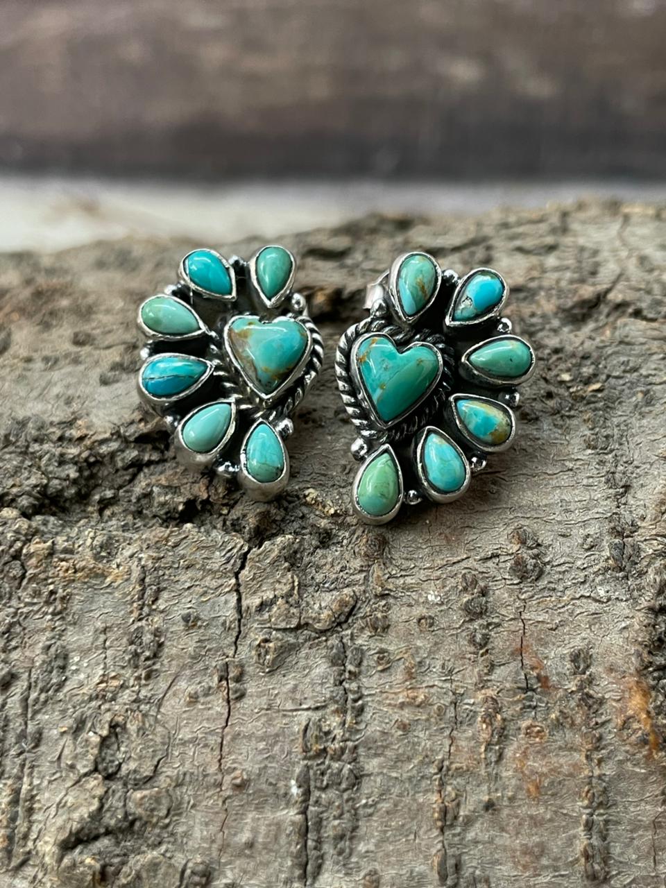 "Heart Collection" Handmade Sterling Silver Kingman Turquoise Post Studs Earrings "Signed Nizhoni"