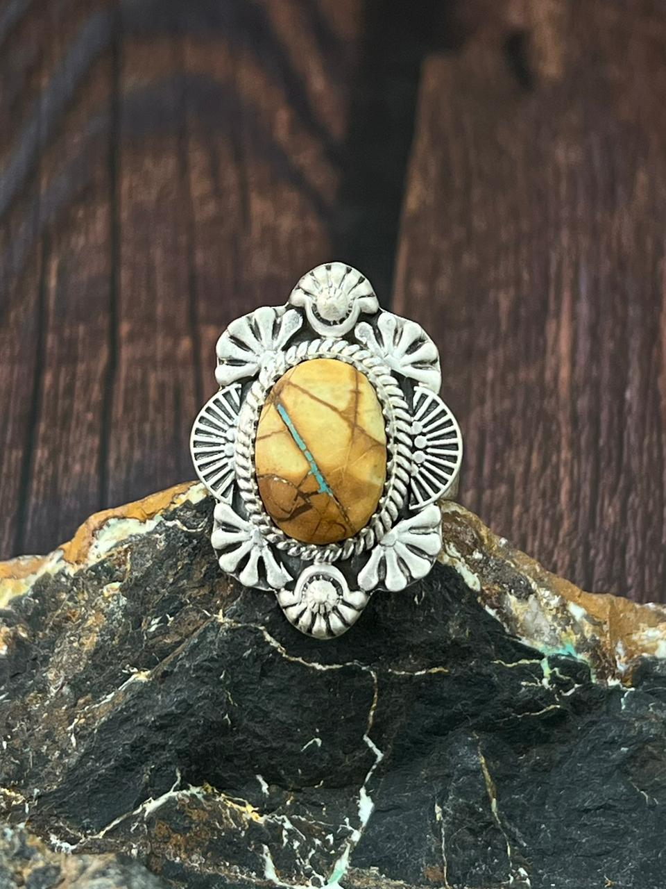 Handmade Sterling Silver Royston Ribbon Turquoise Adjustable Ring "Singed Nizhoni"