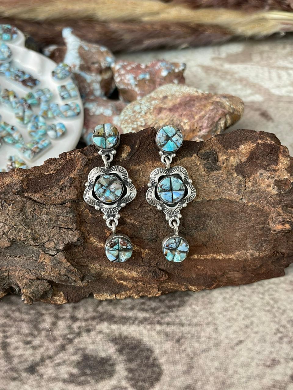 Handmade Sterling Silver Golden Hills Cobble Collection Post Dangle Earrings "Signed Nizhoni"