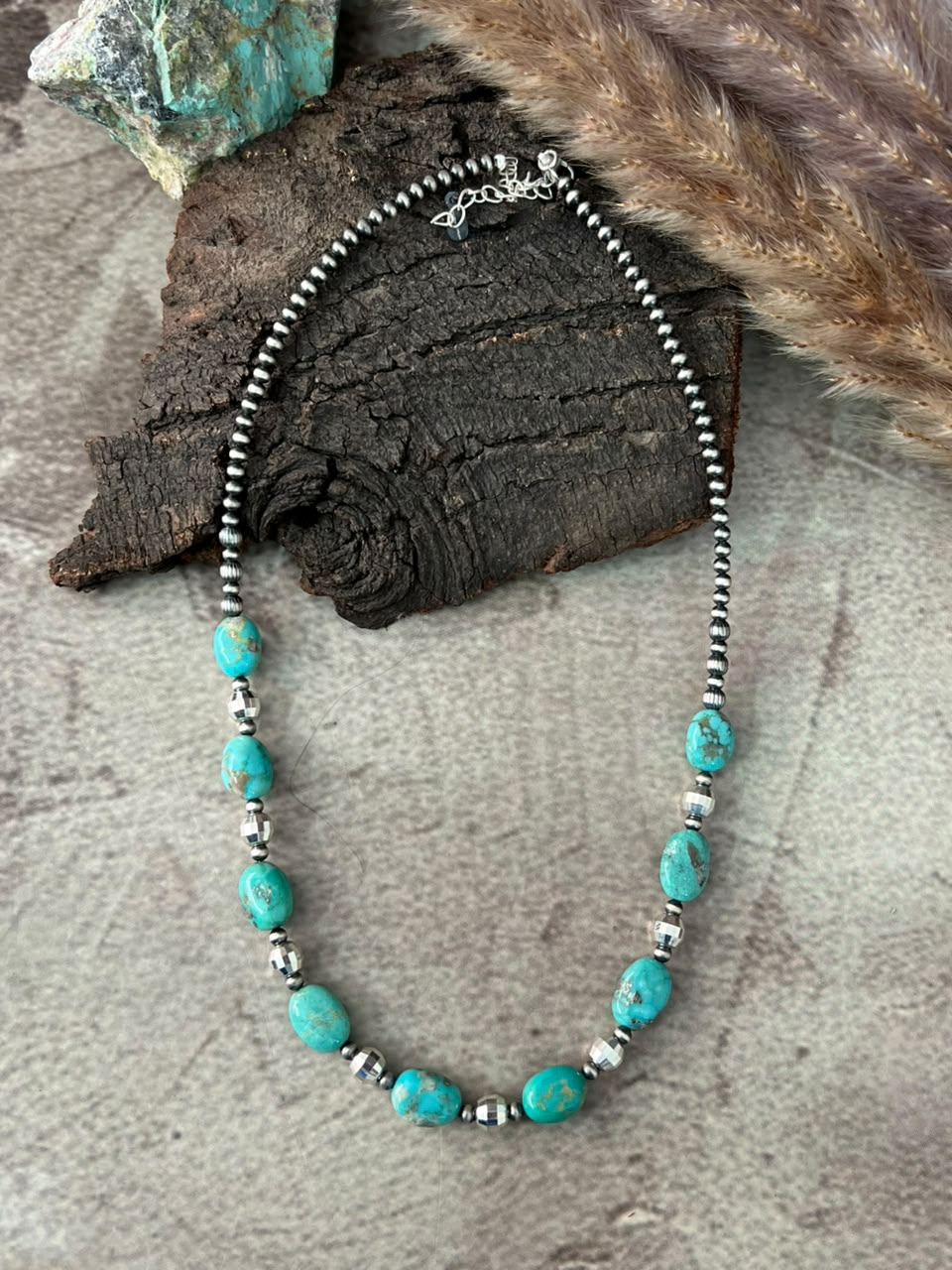 Handmade Sterling Silver Kingman Turquoise Beaded Necklace Signed Nizhoni