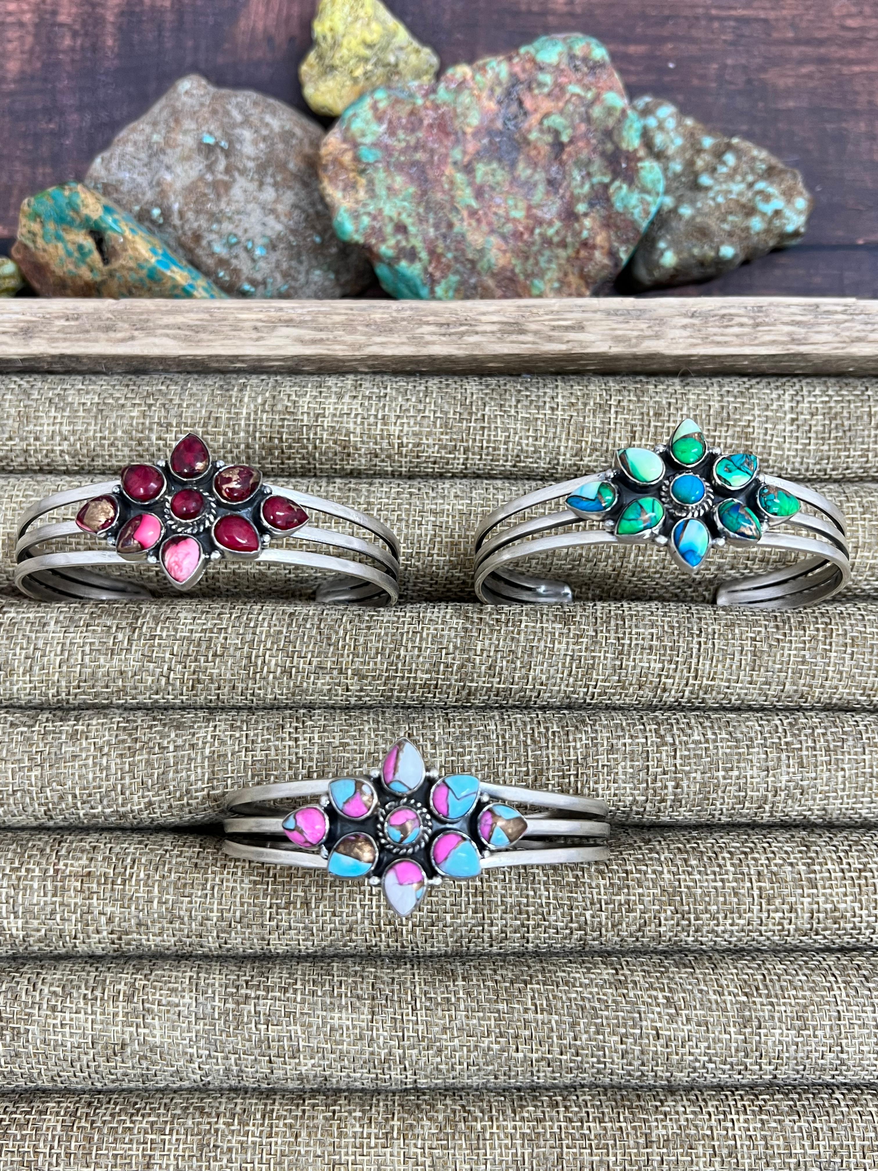 Handmade Sterling Silver Peacock Dahlia, Dahlia Rose, Cotton Candy Turquoise Cuff Bracelet with Signed Nizhoni