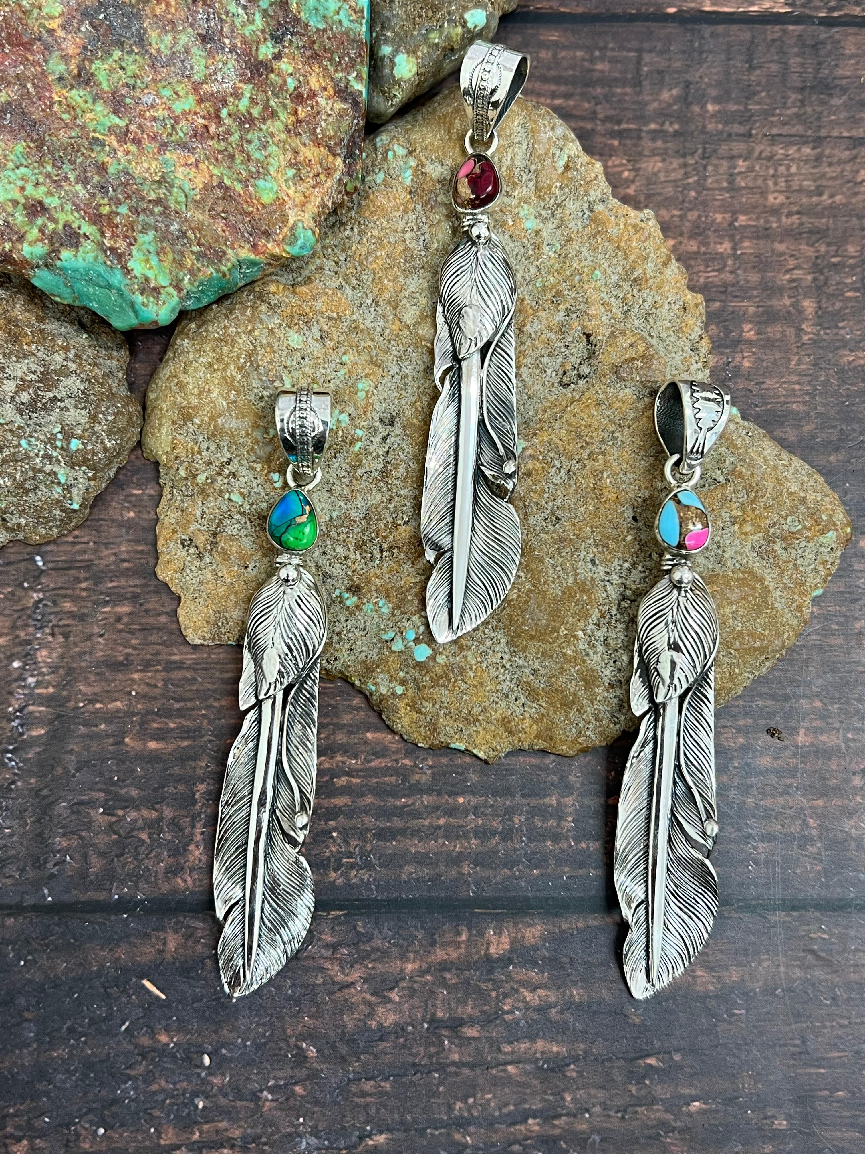 Handmade Sterling Silver Peacock Dahlia, Cotton Candy, Dahlia Rose Feather Pendant with Signed Nizhoni