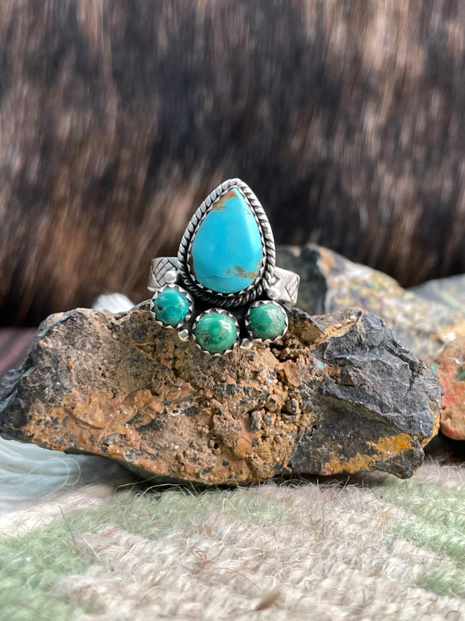 Handmade Sterling Silver Emerald Valley with Santa Maria Turquoise Adjustable Ring "Signed Nizhoni"