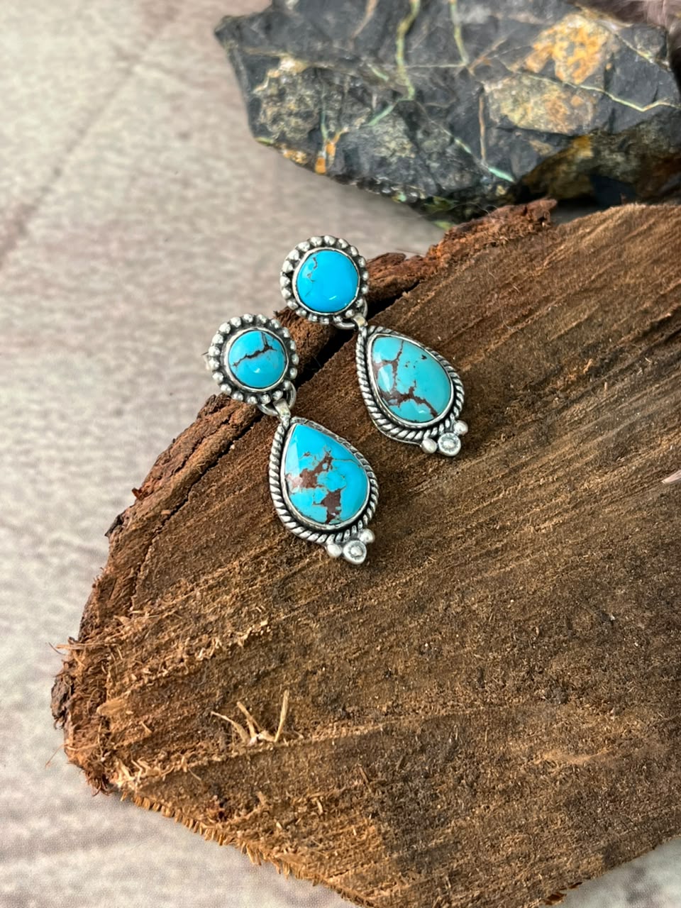 Handmade Sterling Silver Egyptian Turquoise Post Dangle Earrings Signed Nizhoni