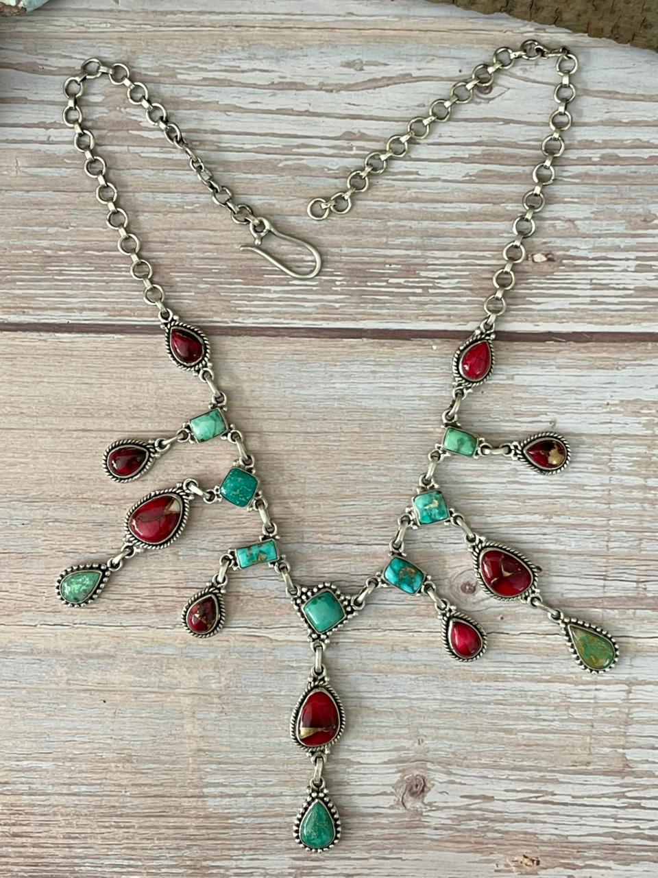 Handmade Sterling Silver Dahlia Rose with Emerald Valley Turquoise Necklace "Signed Nizhoni"