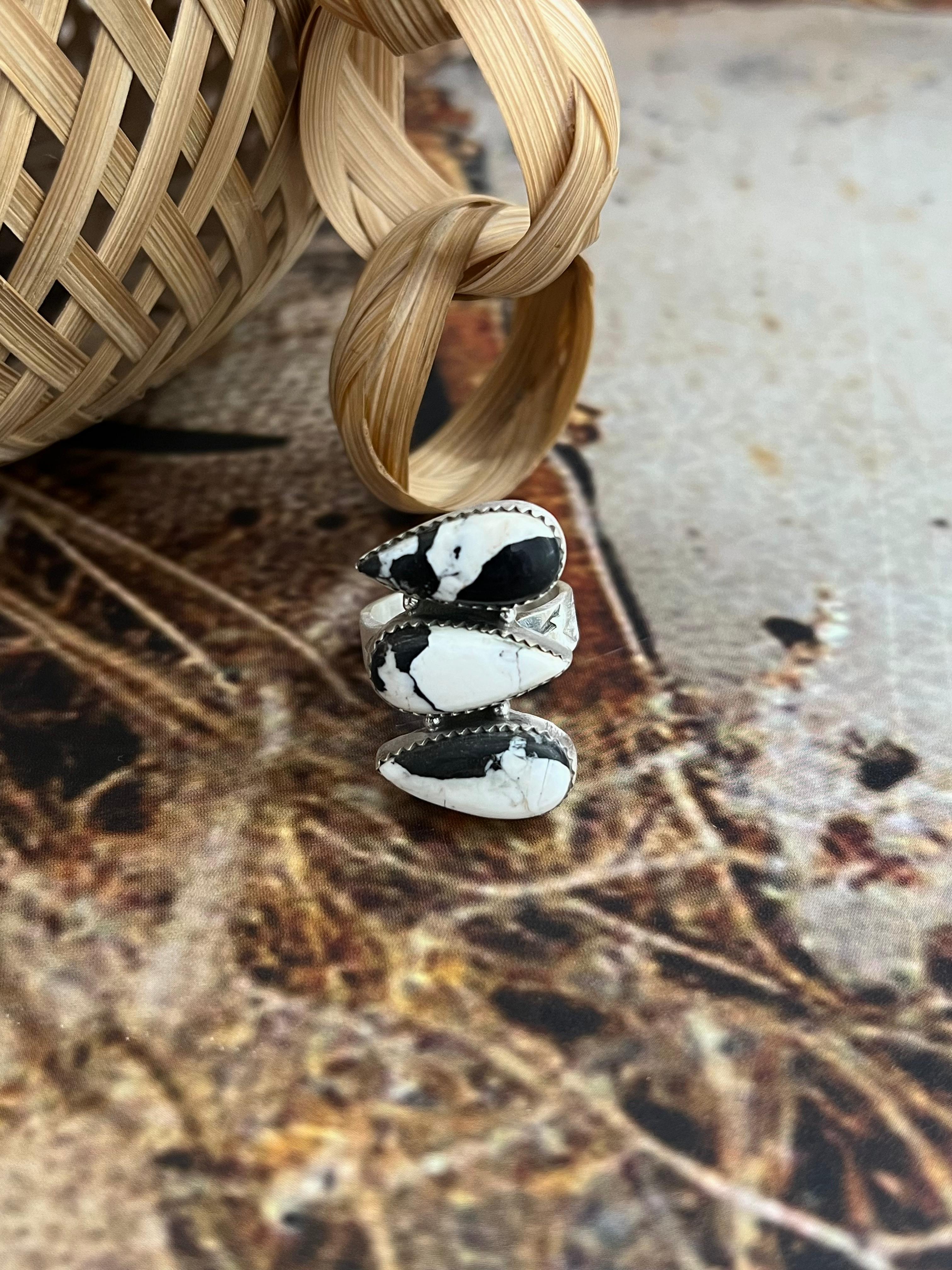 Handmade Sterling Silver White Buffalo Adjustable Ring, Signed Nizhoni