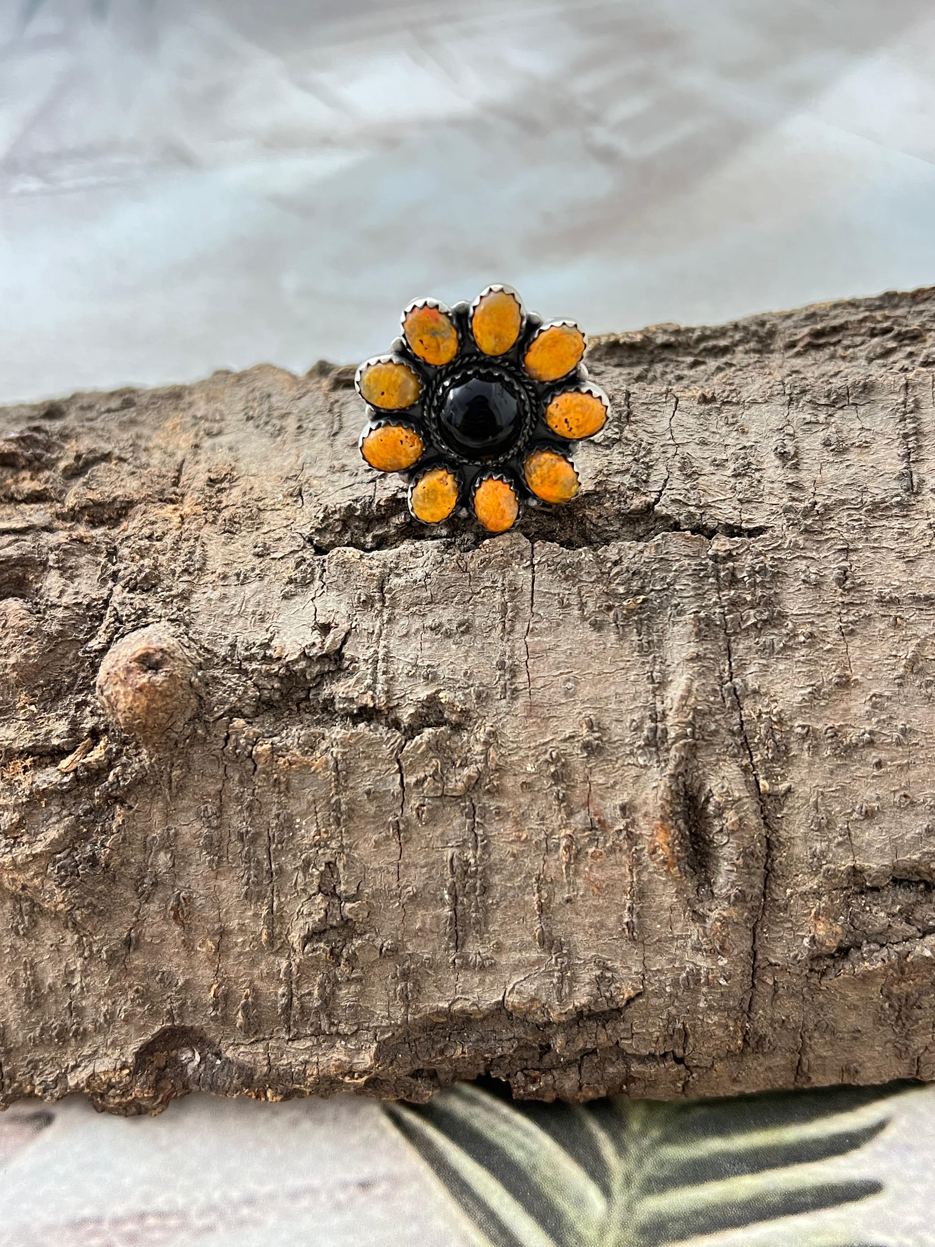 "Halloween Collection" Handmade Sterling Silver Black Onyx, Bumblebee Adjustable Ring with Signed Nizhoni