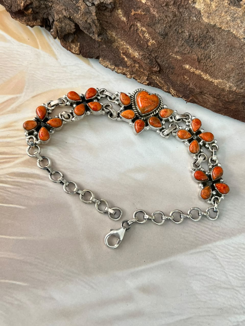 Handmade Sterling Silver Orange Mojave Chain Bracelet Signed Nizhoni