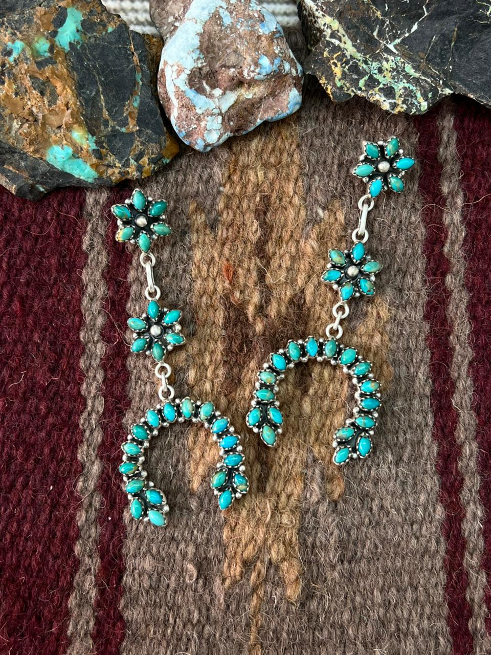 Handmade Sterling Silver Kingman Turquoise Post Dangle Earrings "Signed Nizhoni"