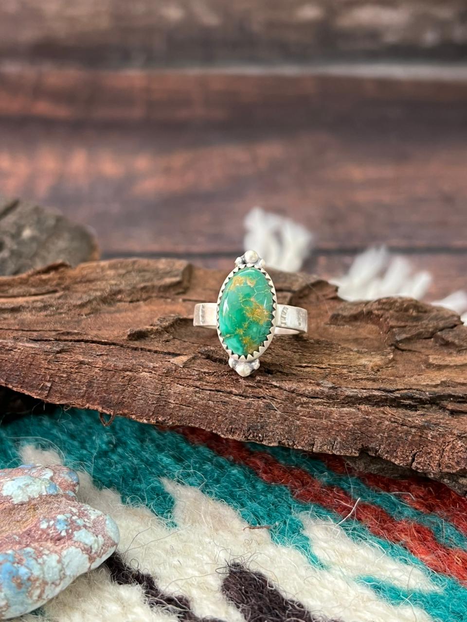 Handmade Sterling Silver Emerald Valley Turquoise Adjustable Ring " Signed Nizhoni" (7)