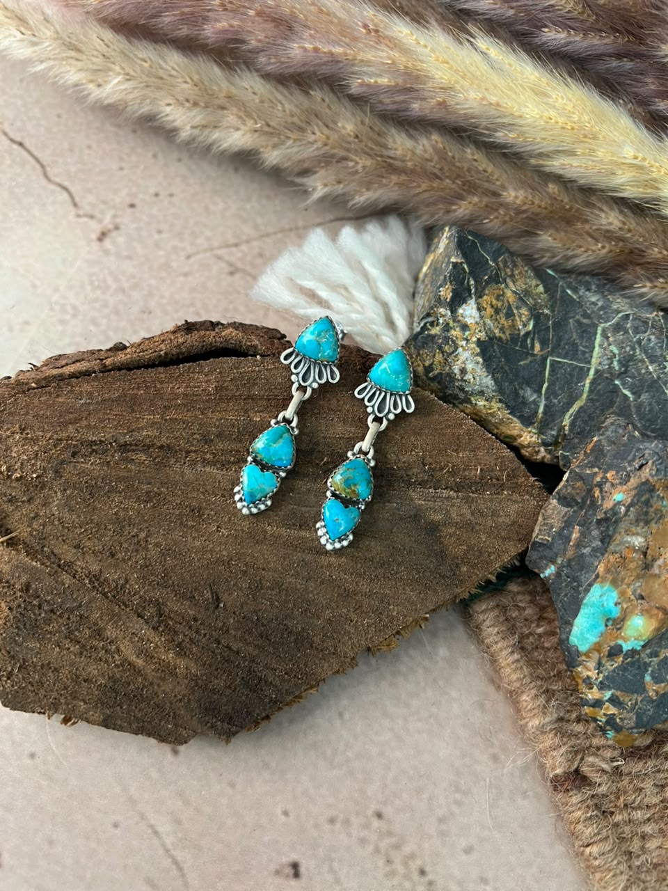 Handmade Sterling Silver Kingman Turquoise Post Dangle Earrings Signed Nizhoni