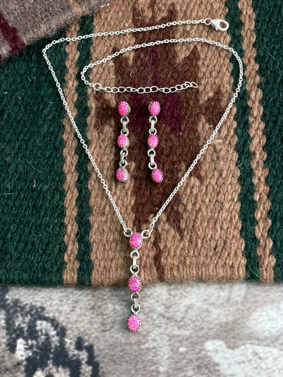 Handmade Sterling Silver Hot Pink Necklace Earrings Set "Signed Nizhoni"