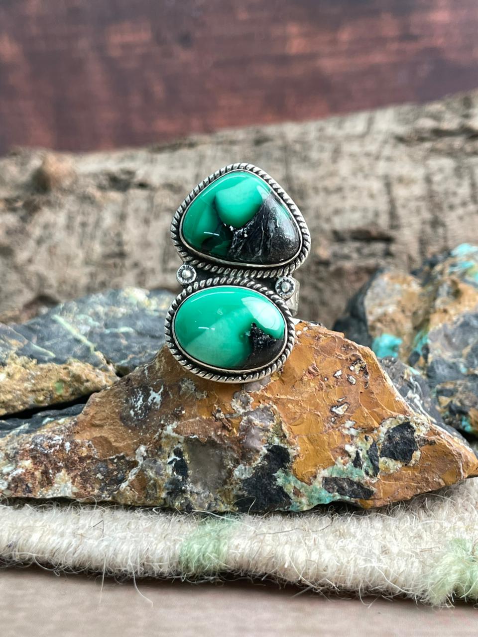 Handmade Sterling Silver Emerald Rose Adjustable Ring "Signed Nizhoni"