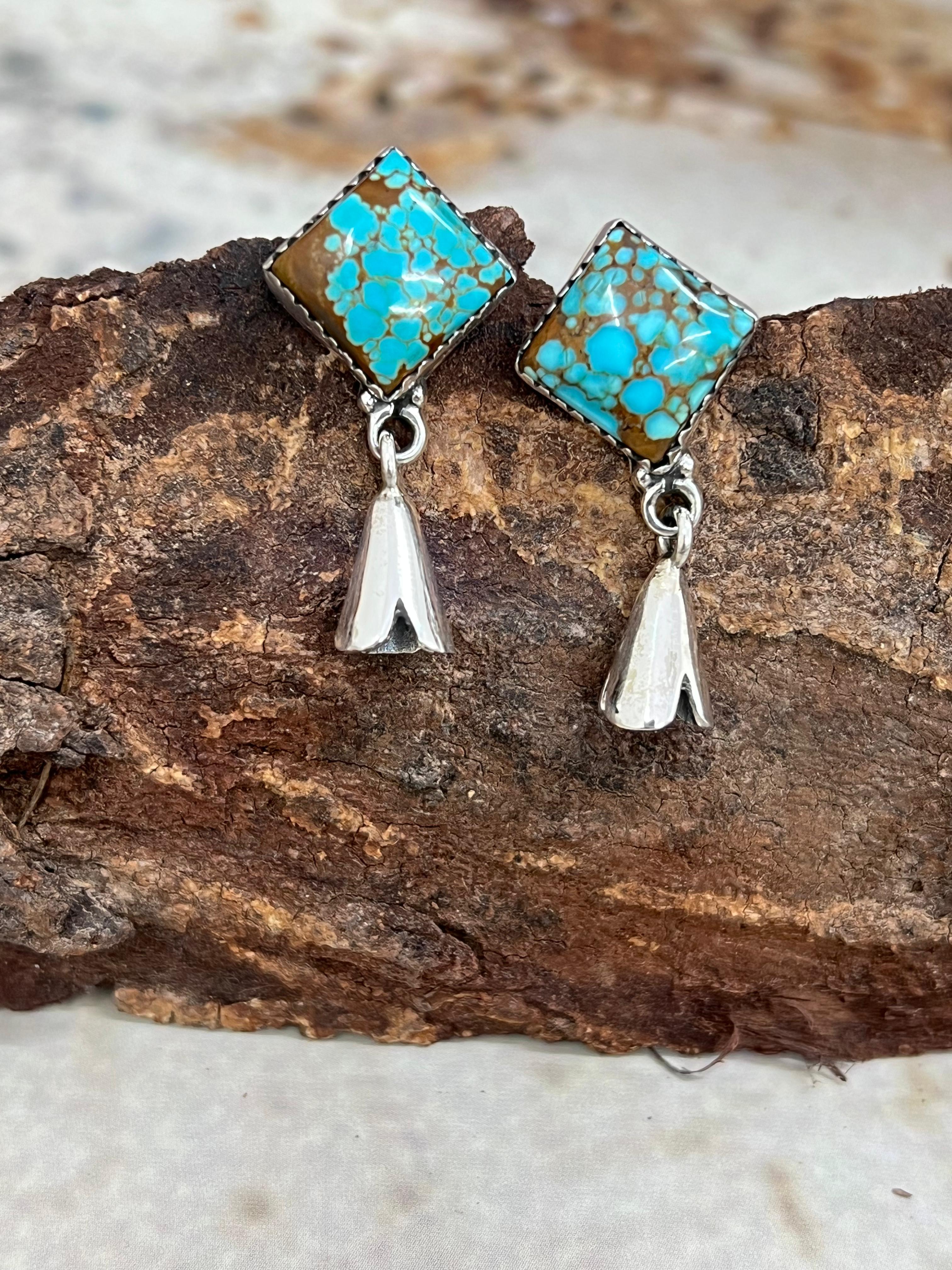Handmade Sterling Silver Number 8 Turquoise Blossom Earrings with Signed Nizhoni