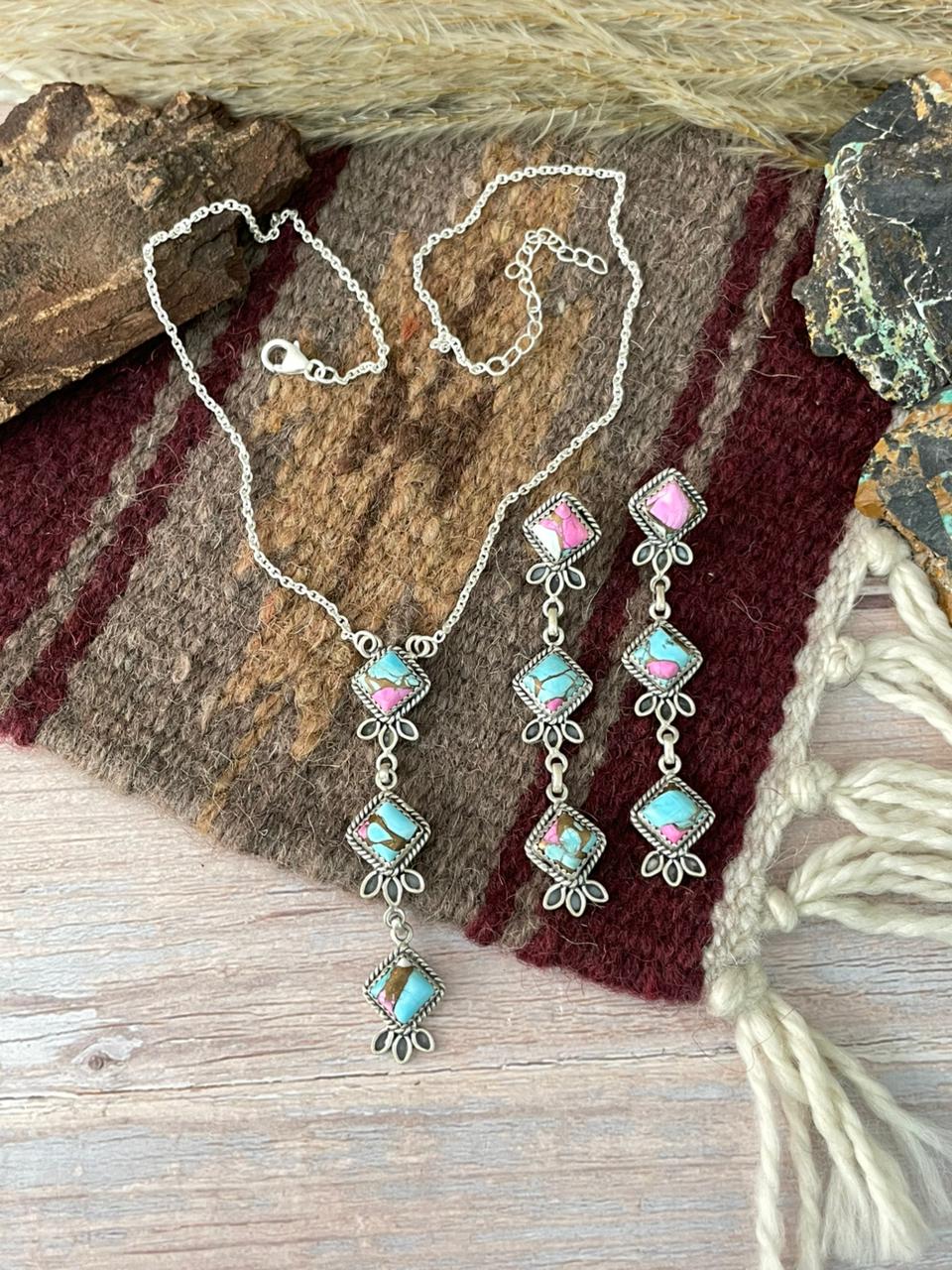 Handmade Sterling Silver Cotton Candy Necklace Earrings Set "Signed Nizhoni"
