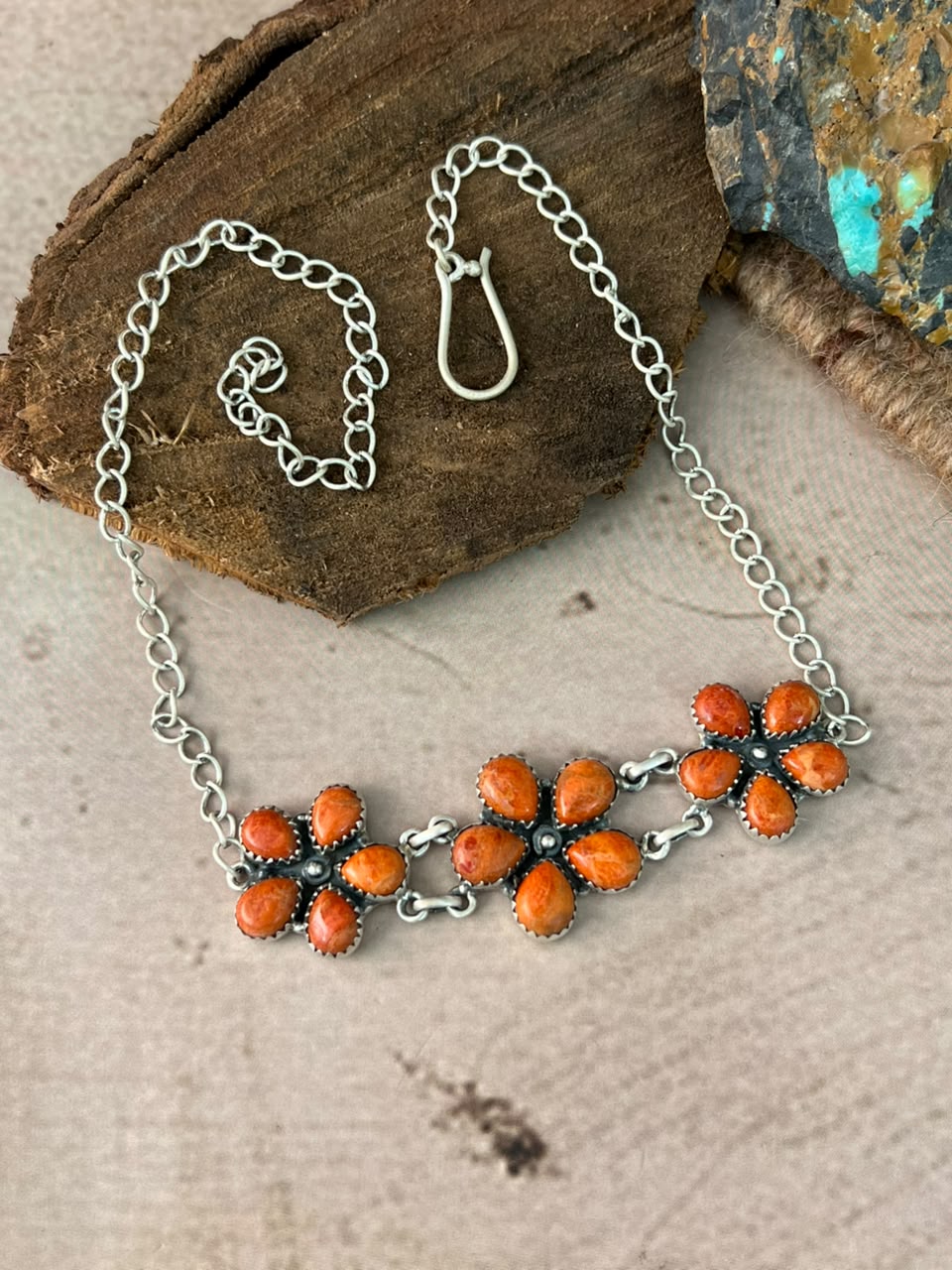 Handmade Sterling Silver Orange Mojave Choker Necklace Signed Nizhoni
