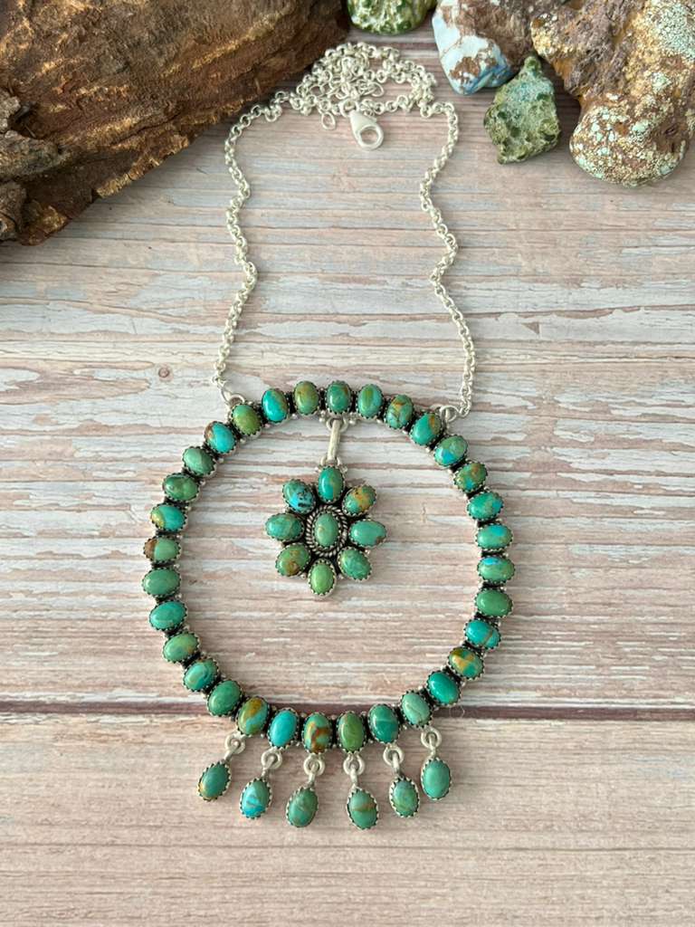 Handmade Sterling Silver Kingman Turquoise Necklace with Signed Nizhoni
