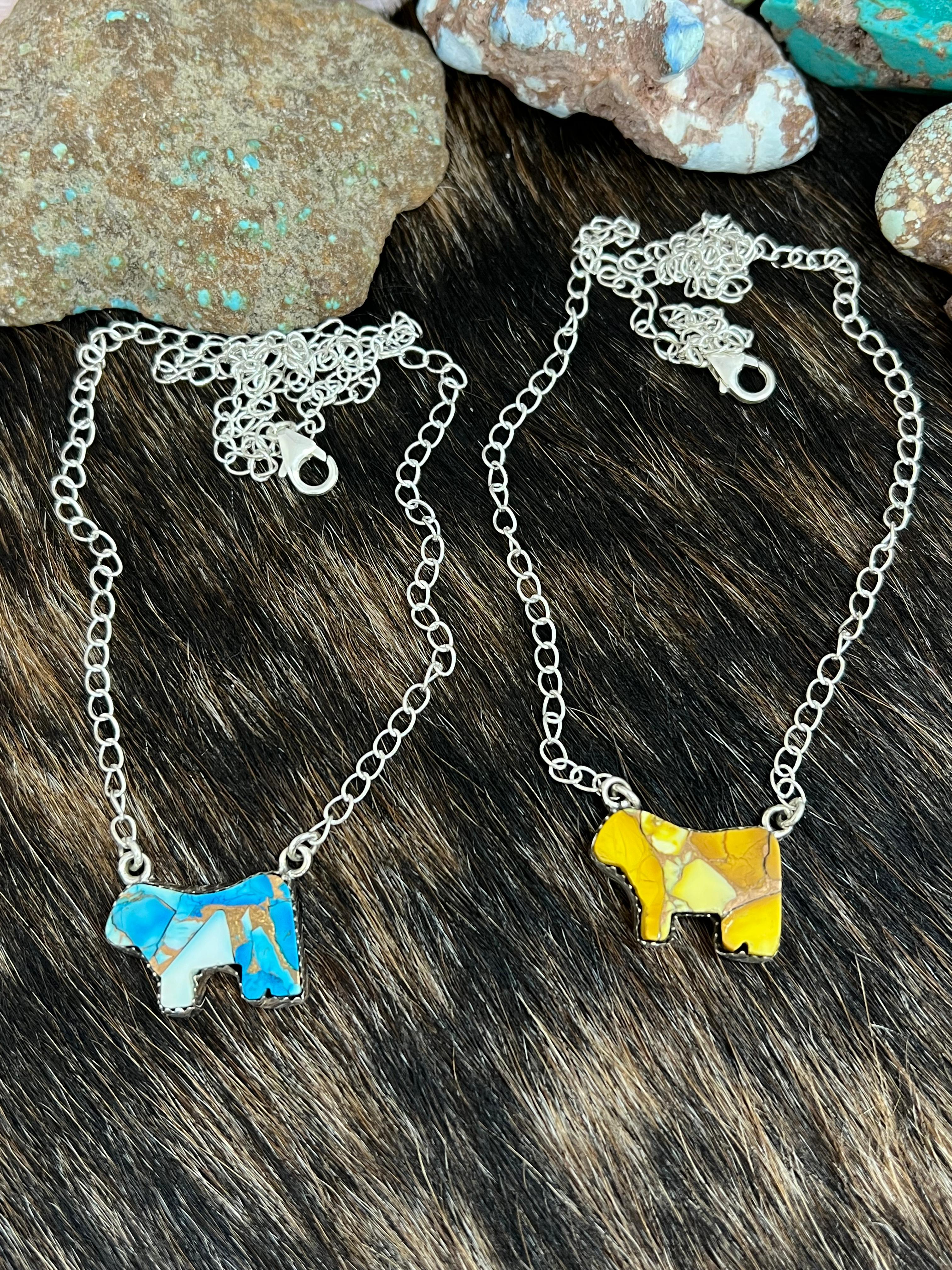 Handmade Sterling Silver Honey Dahlia, Blue Ice Rose Dahlia Bull Necklace with Signed Nizhoni