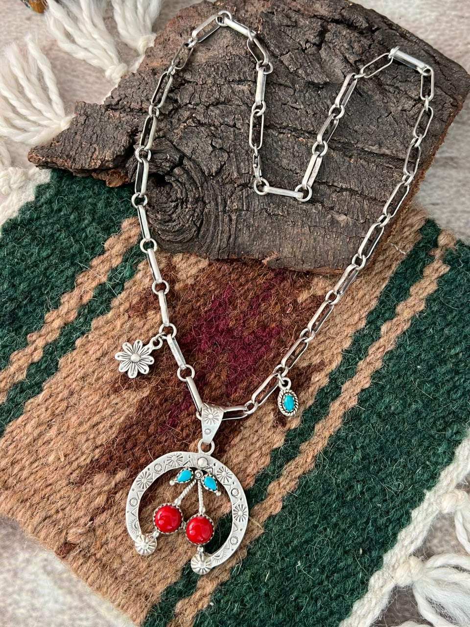 Handmade Sterling Silver Rosarita with Kingman Turquoise Cherry Naja Necklace Signed Nizhoni