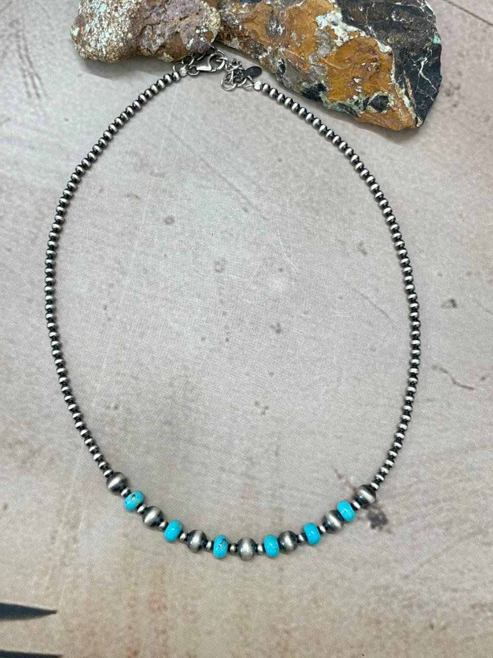 Handmade Sterling Silver Kingman Turquoise Beaded Necklace "Signed Nizhoni" (6)