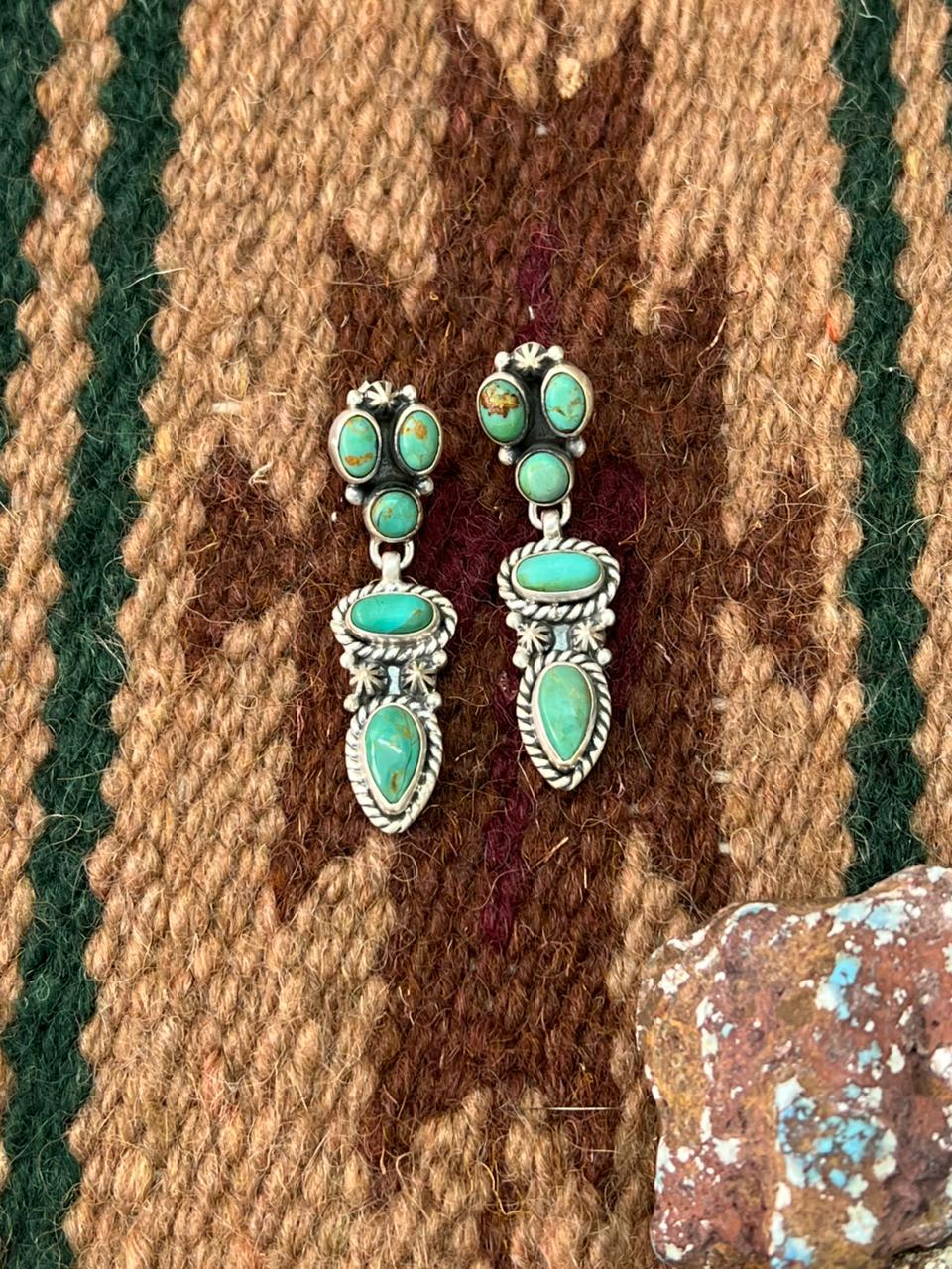 Handmade Sterling Silver Kingman Turquoise Post Dangle Earrings with Signed Nizhoni
