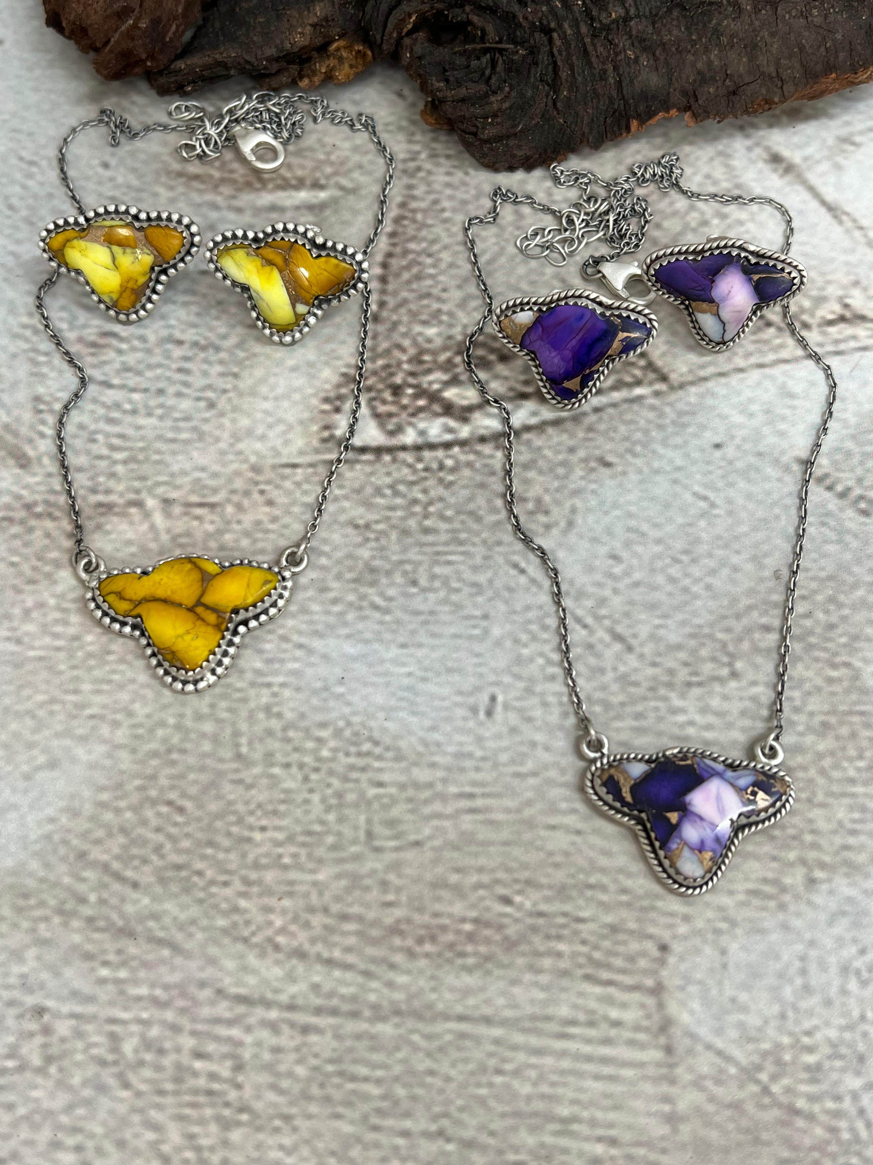 Handmade Sterling Silver Purple Ice Rose Dahlia, Honey Dahlia Necklace Earrings Set, Signed Nizhoni