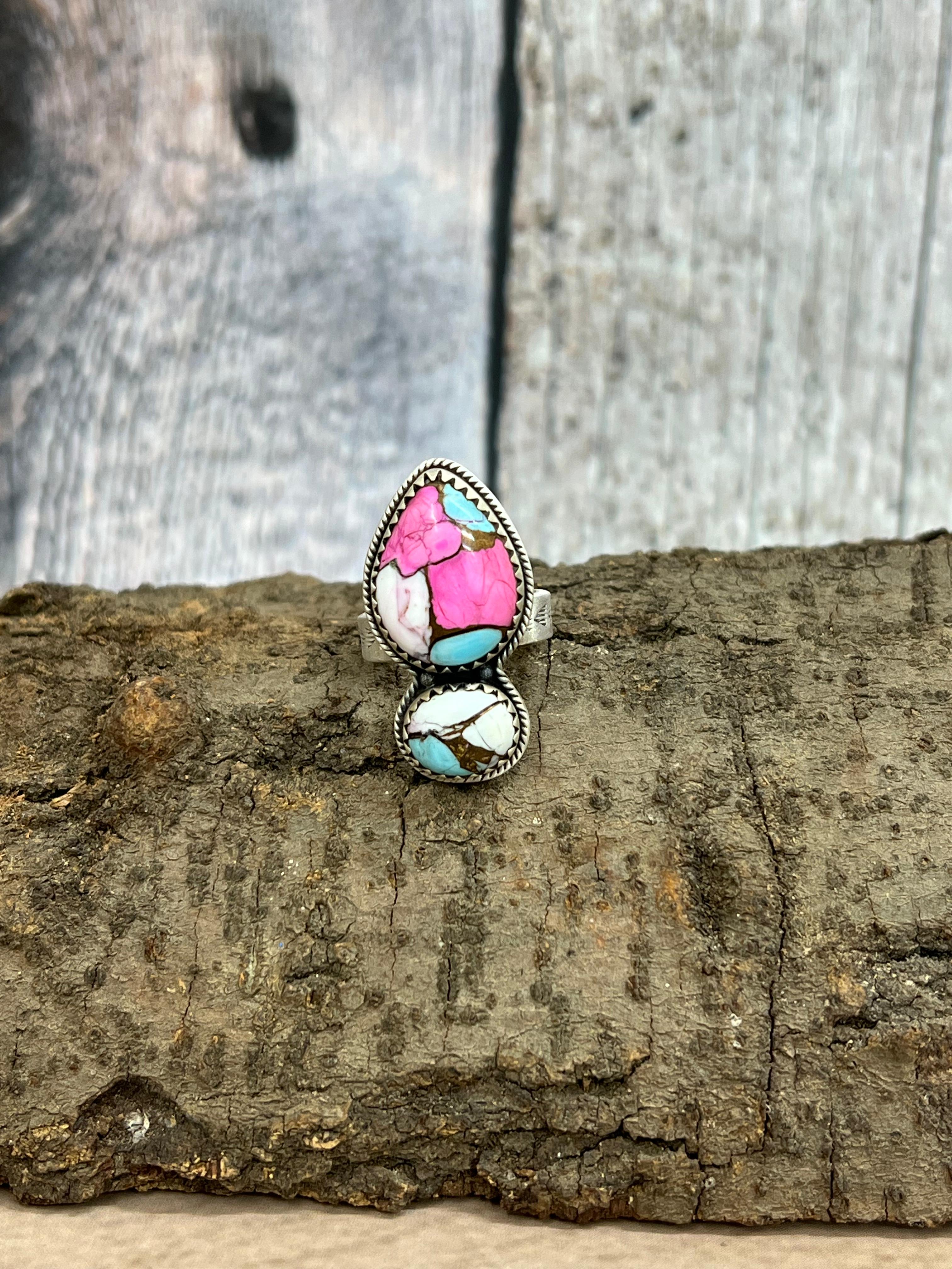 Handmade Sterling Silver Cotton Candy Turquoise Adjustable Rings with Signed Nizhoni