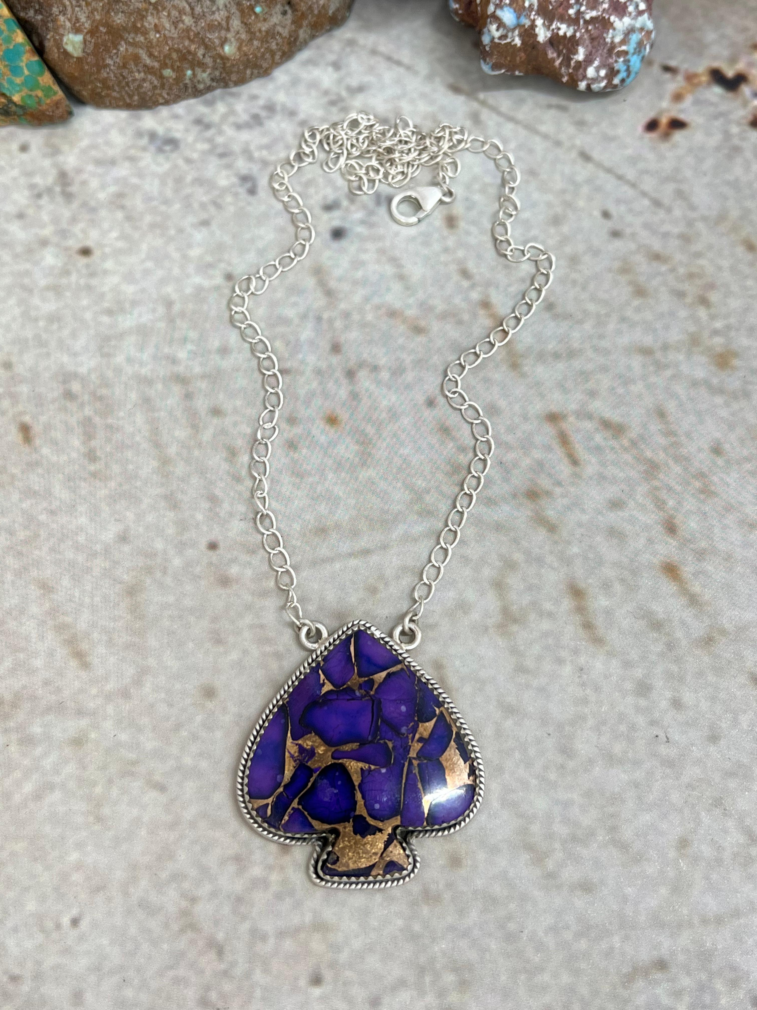 Handmade Sterling Silver Grape Dahlia Spade Necklace with Signed Nizhoni