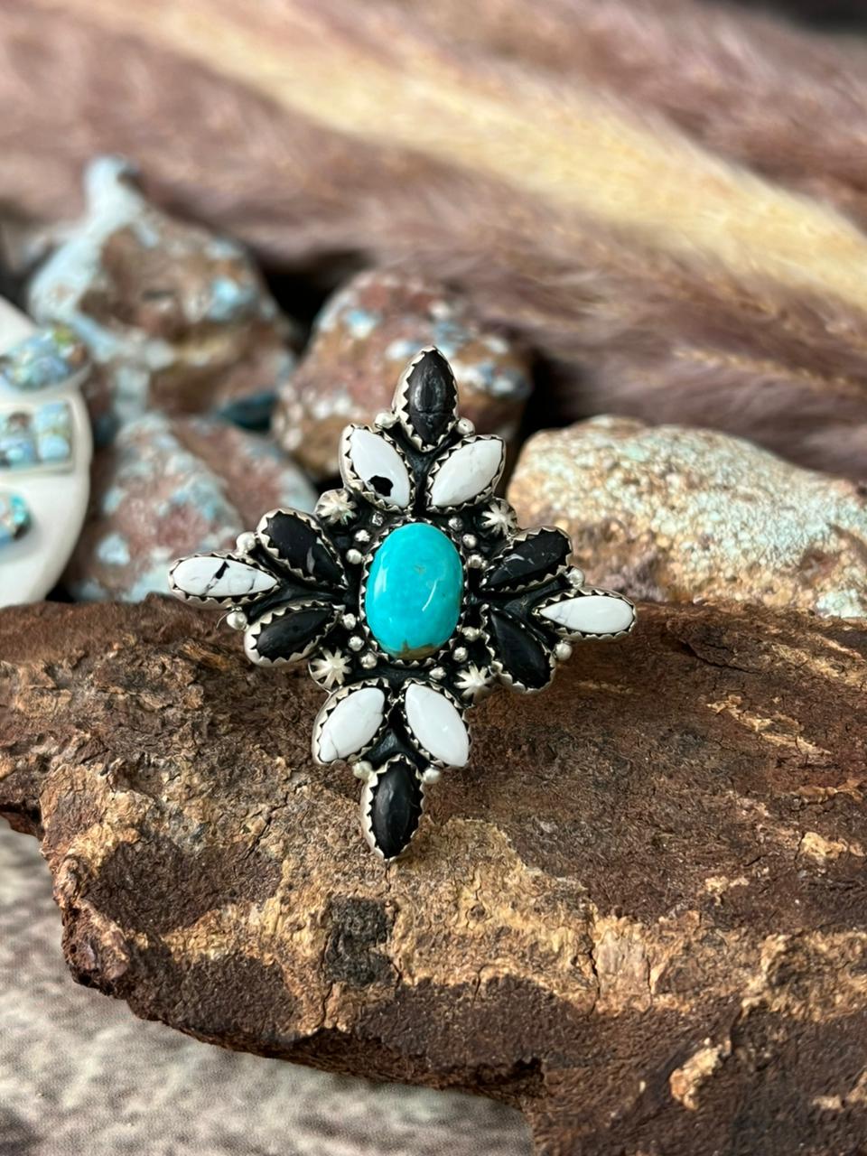 Handmade Sterling Silver White Buffalo with Santa Maria Adjustable Ring "Signed Nizhoni"