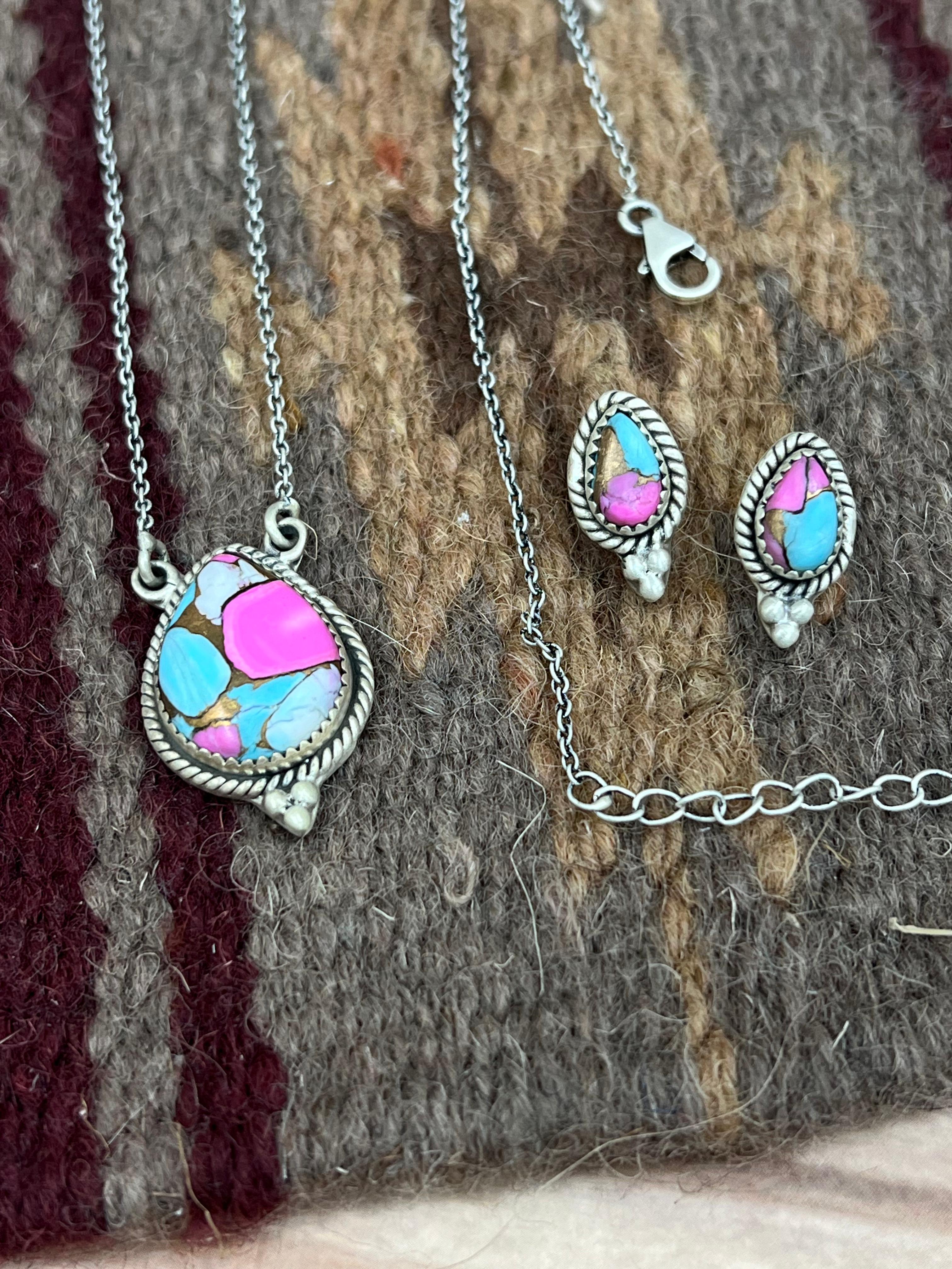 Handmade Sterling Silver Cotton Candy Turquoise Necklace Earrings Set, Signed Nizhoni