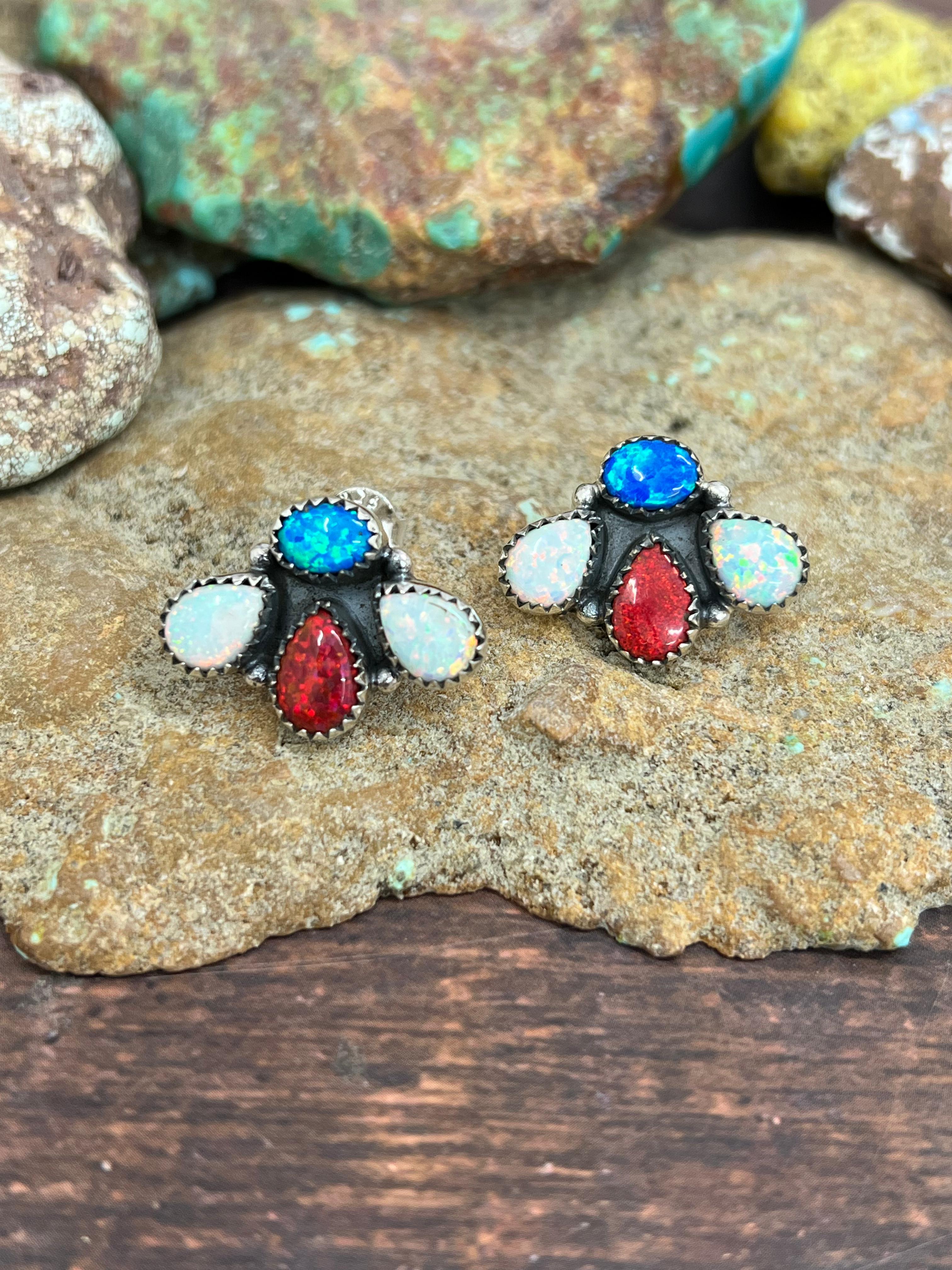 ** 4TH OF JULY ** Handmade Sterling Silver Synthetic Opal Post Earrings with Signed Nizhoni
