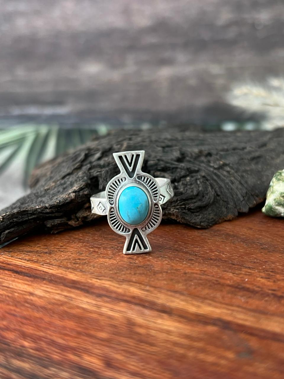 Handmade Sterling Silver Kingman Turquoise Adjustable Ring "Signed Nizhoni"
