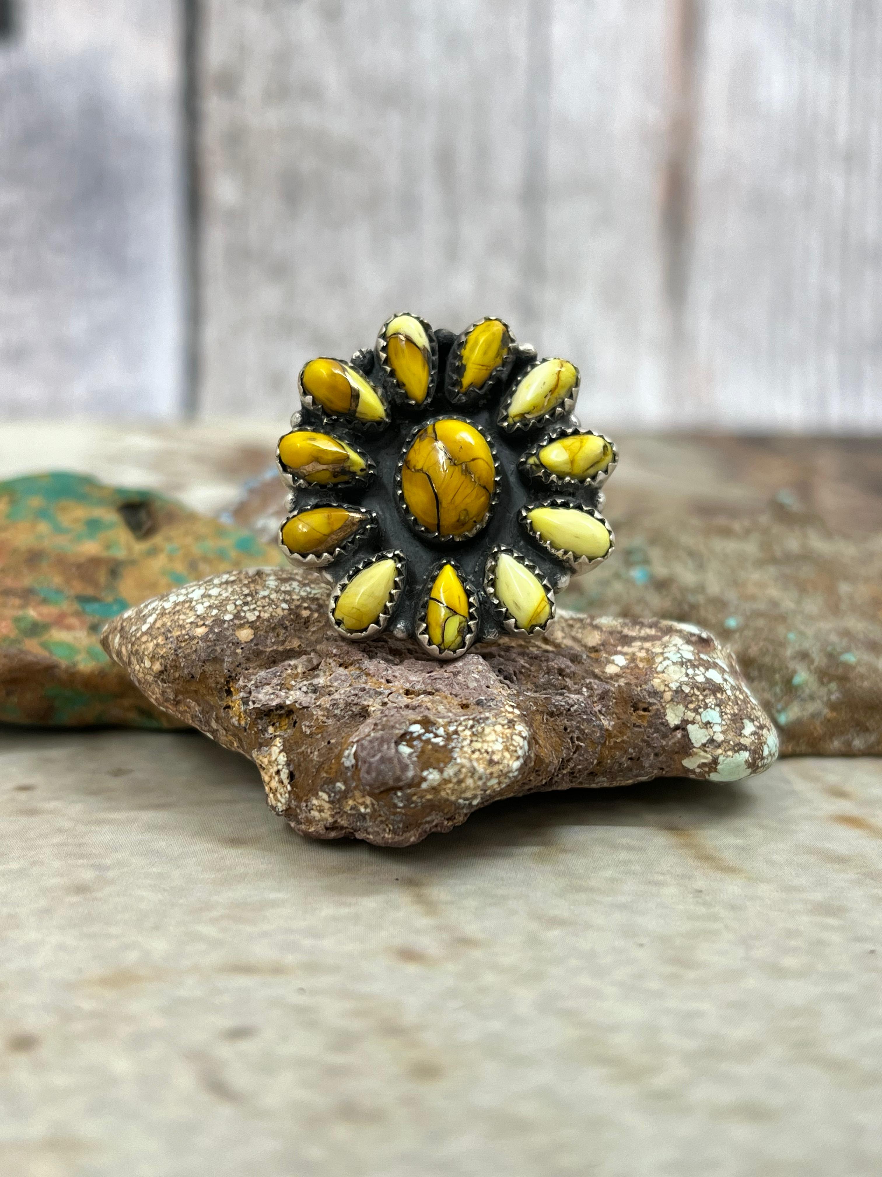 Handmade Sterling Silver Honey Dahlia Adjustable Ring with Signed Nizhoni