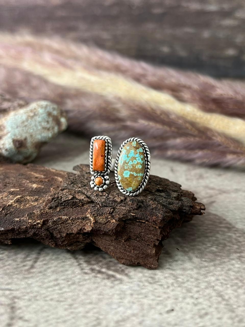 Handmade Sterling Silver Number 8 with Orange Mojave Adjustable Ring "Signed Nizhoni"