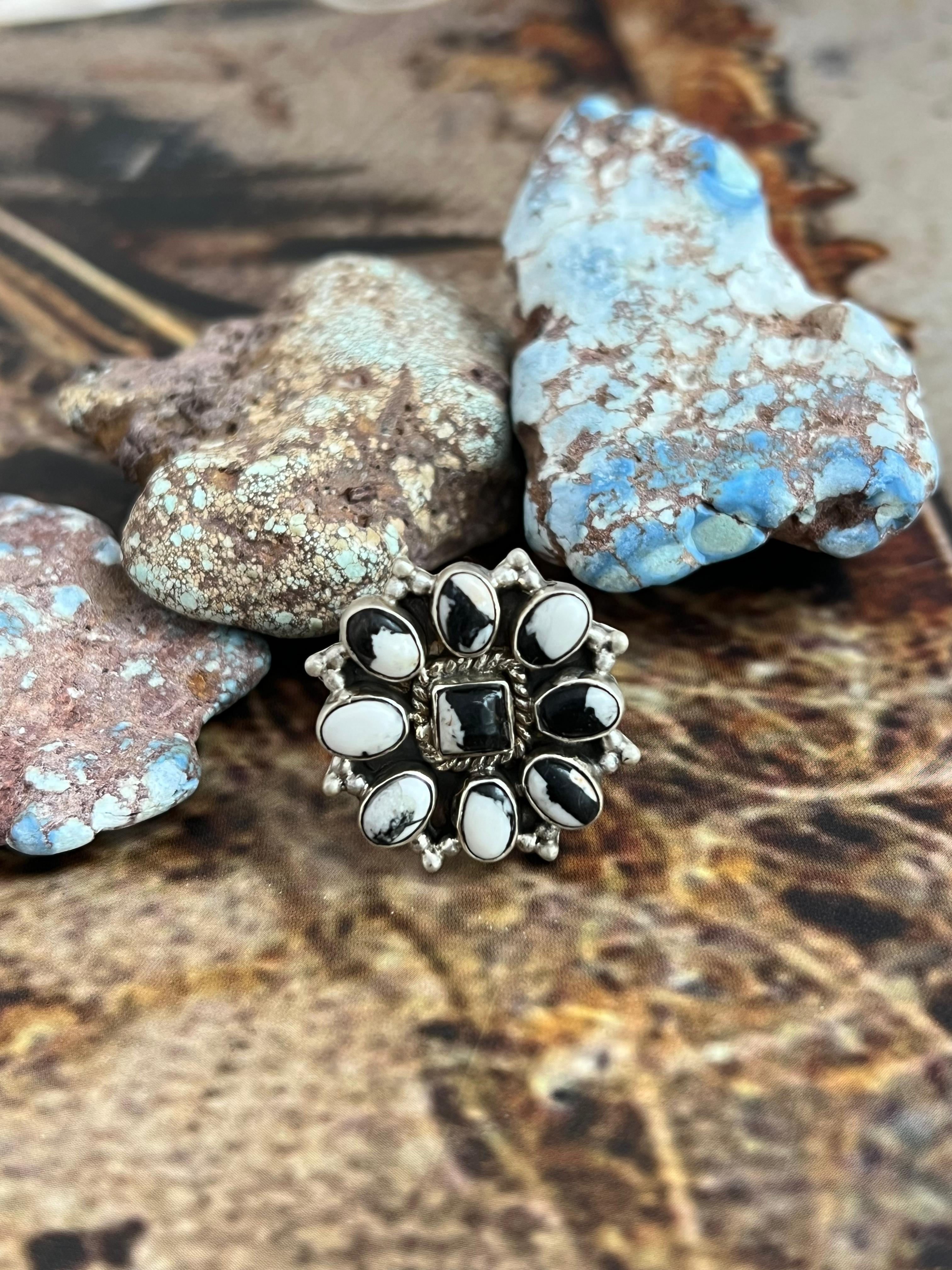 Handmade Sterling Silver White Buffalo Adjustable Ring, Signed Nizhoni